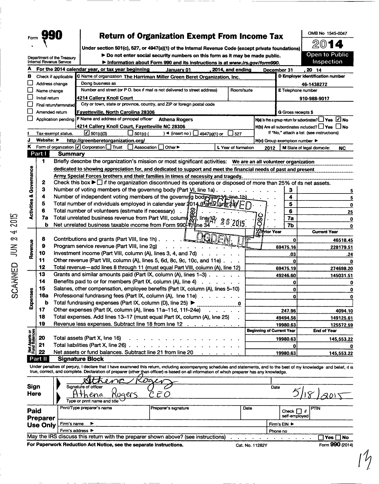 Image of first page of 2014 Form 990 for Harriman Miller Green Beret Organization