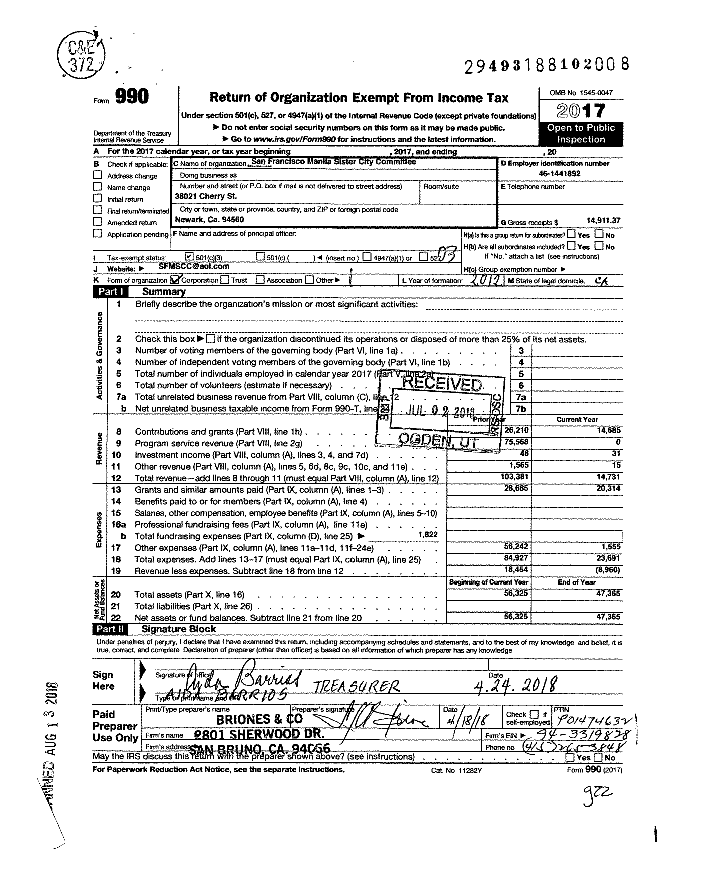 Image of first page of 2017 Form 990 for San Francisco-Manila Sister City Committee 1