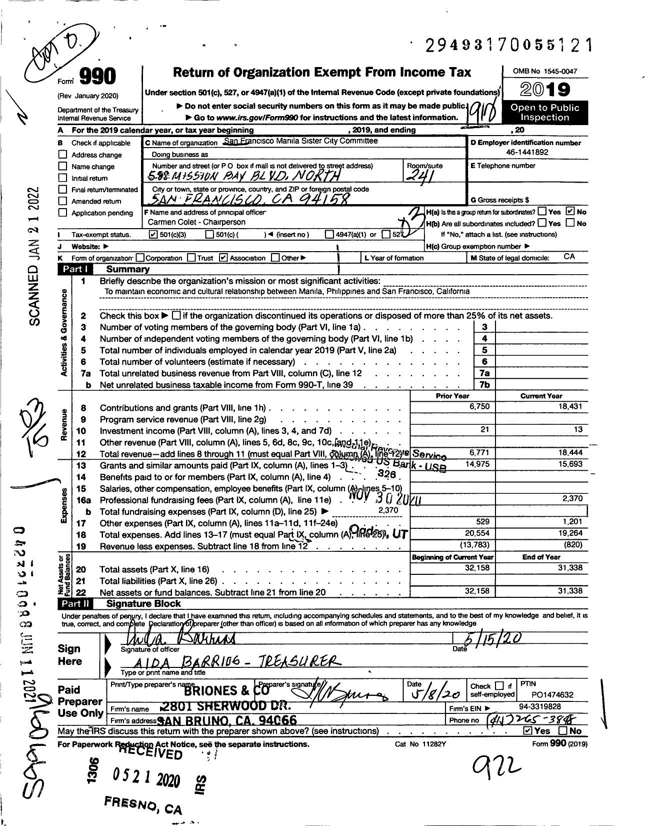 Image of first page of 2019 Form 990 for San Francisco-Manila Sister City Committee 1