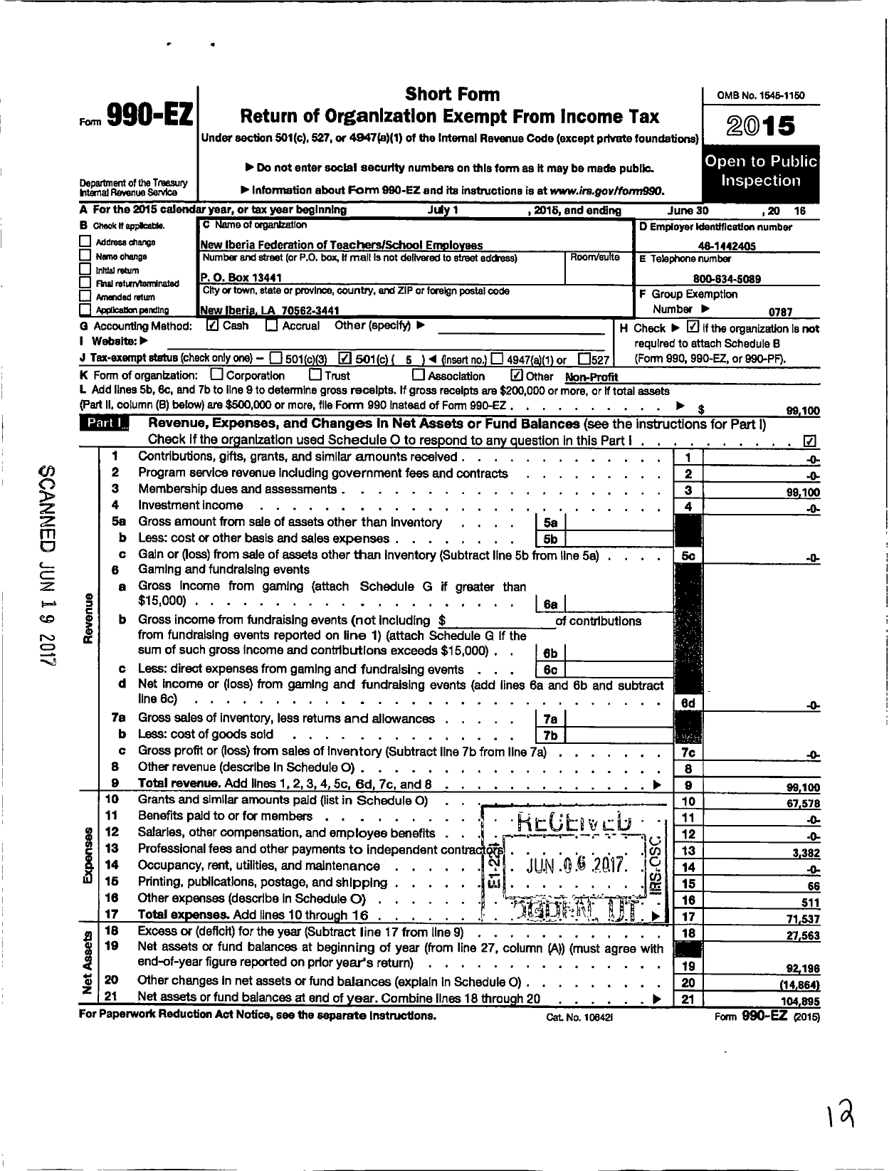 Image of first page of 2015 Form 990EO for AMERICAN FEDERATION of Teachers - 6529 Iberia Parish Aft