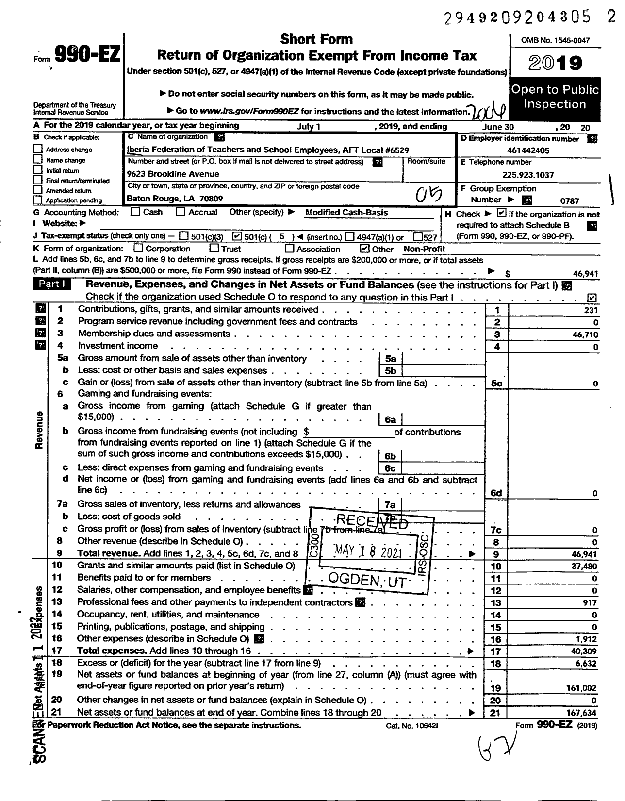 Image of first page of 2019 Form 990EO for AMERICAN Federation OF TEACHERS - 6529 Iberia Parish Aft