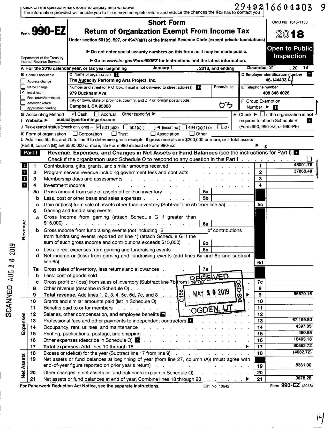 Image of first page of 2018 Form 990EZ for Audacity Performing Arts Project Audacity Performing Arts Project