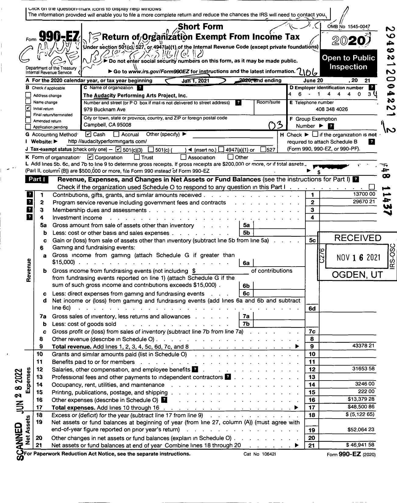 Image of first page of 2020 Form 990EZ for Audacity Performing Arts Project Audacity Performing Arts Project