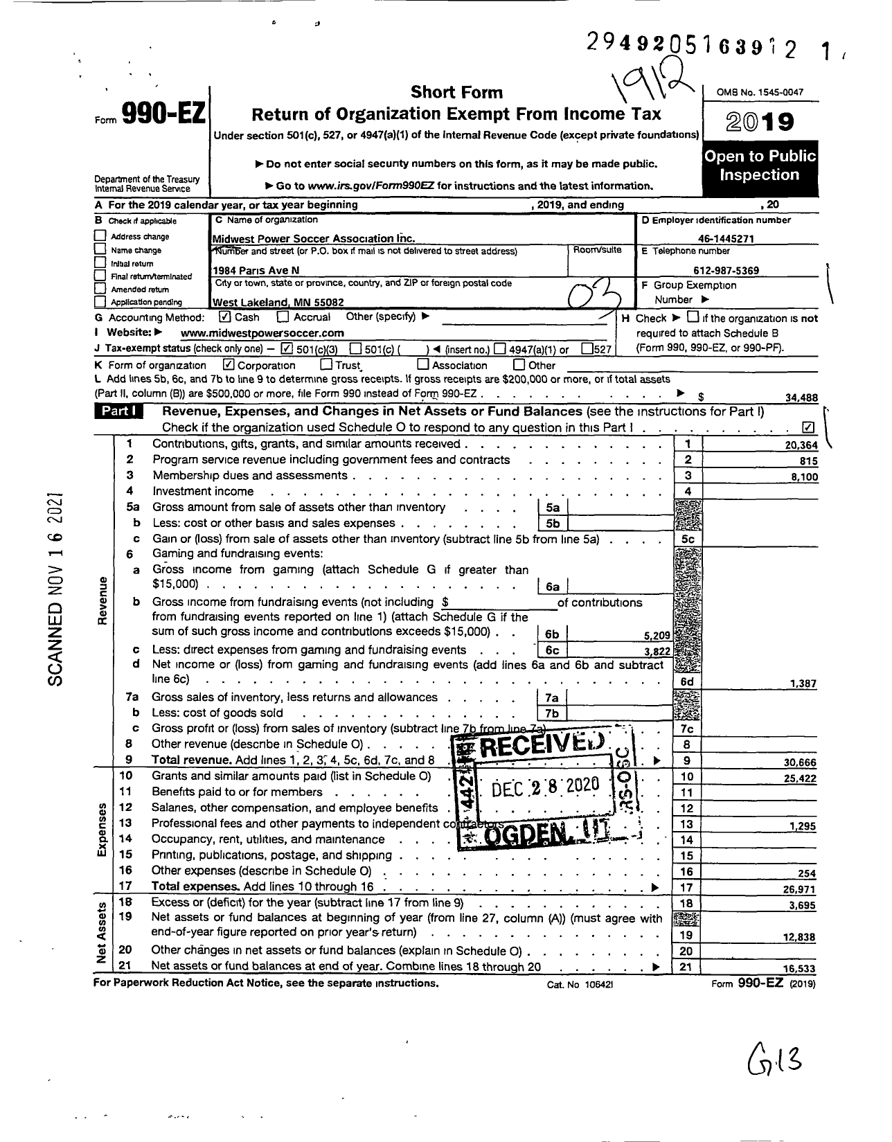 Image of first page of 2019 Form 990EZ for Midwest Power Soccer Association