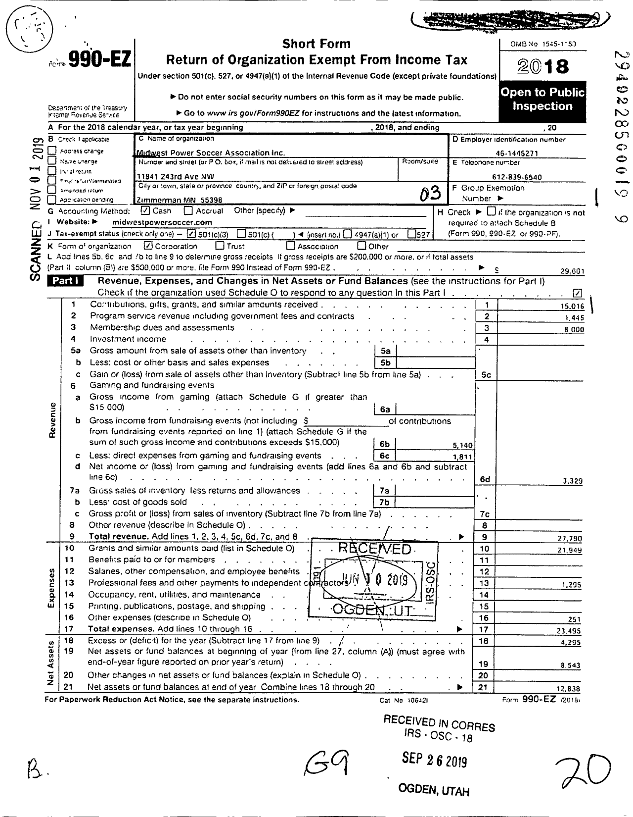 Image of first page of 2018 Form 990EZ for Midwest Power Soccer Association