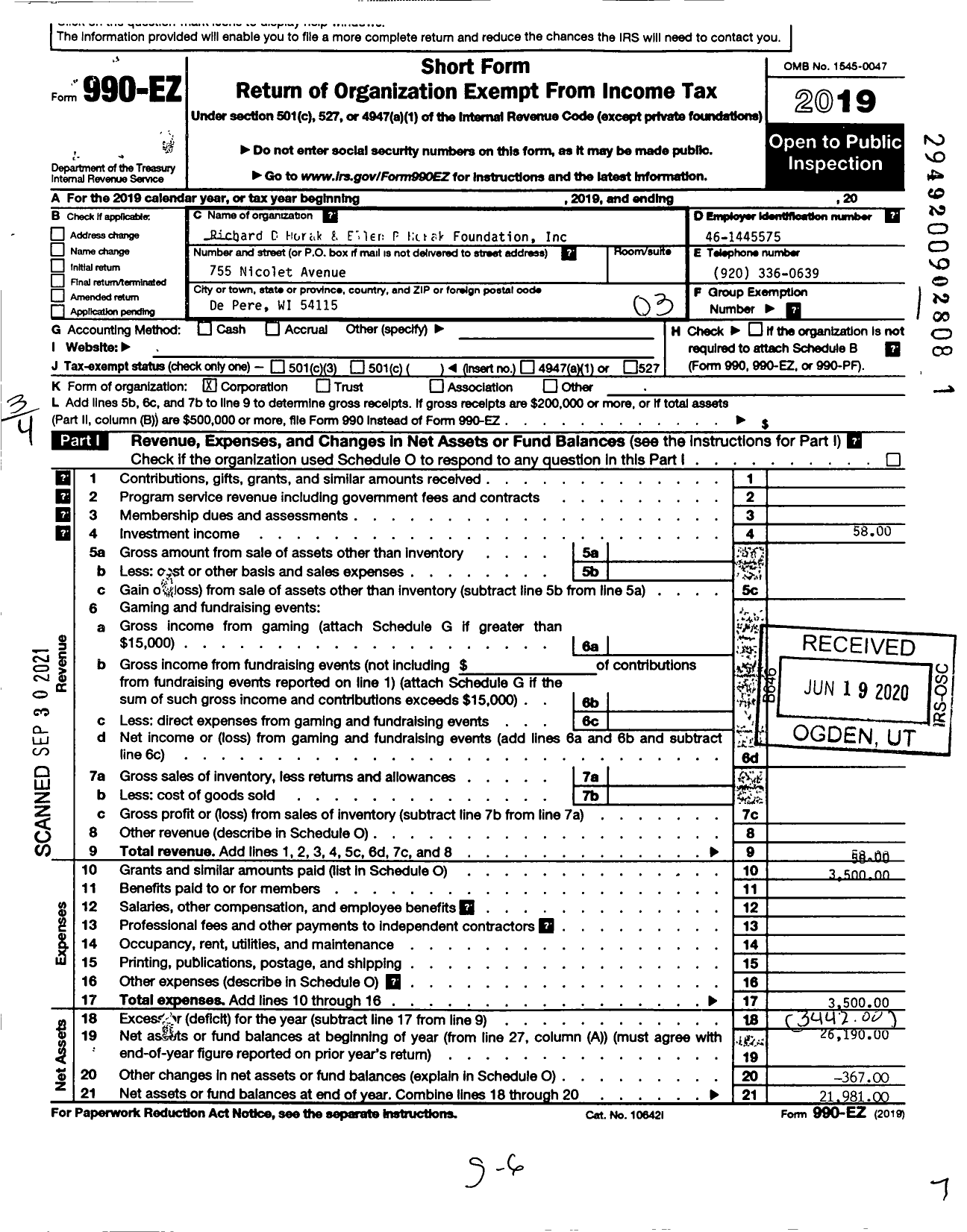 Image of first page of 2019 Form 990EZ for Richard D Horak and Ellen P Horak Foundation