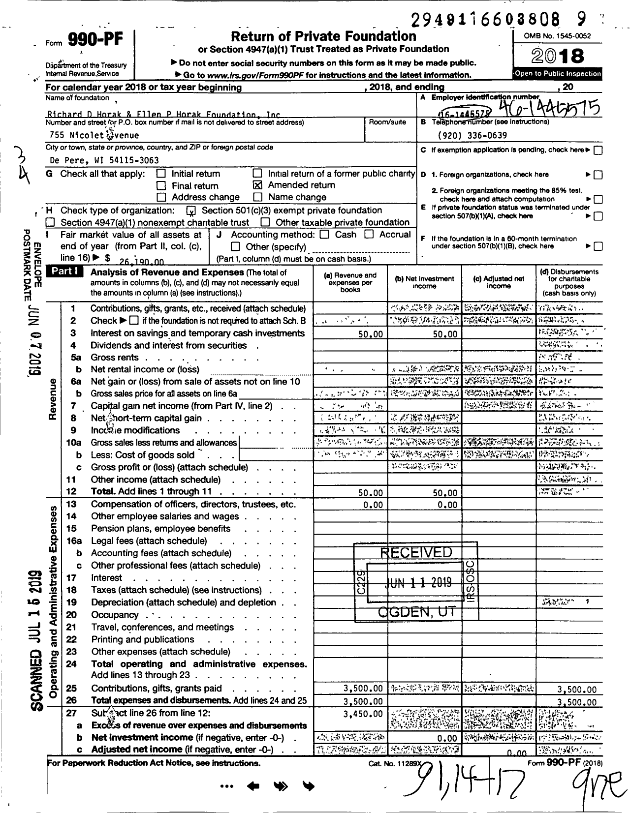 Image of first page of 2018 Form 990PF for Richard D Horak and Ellen P Horak Foundation