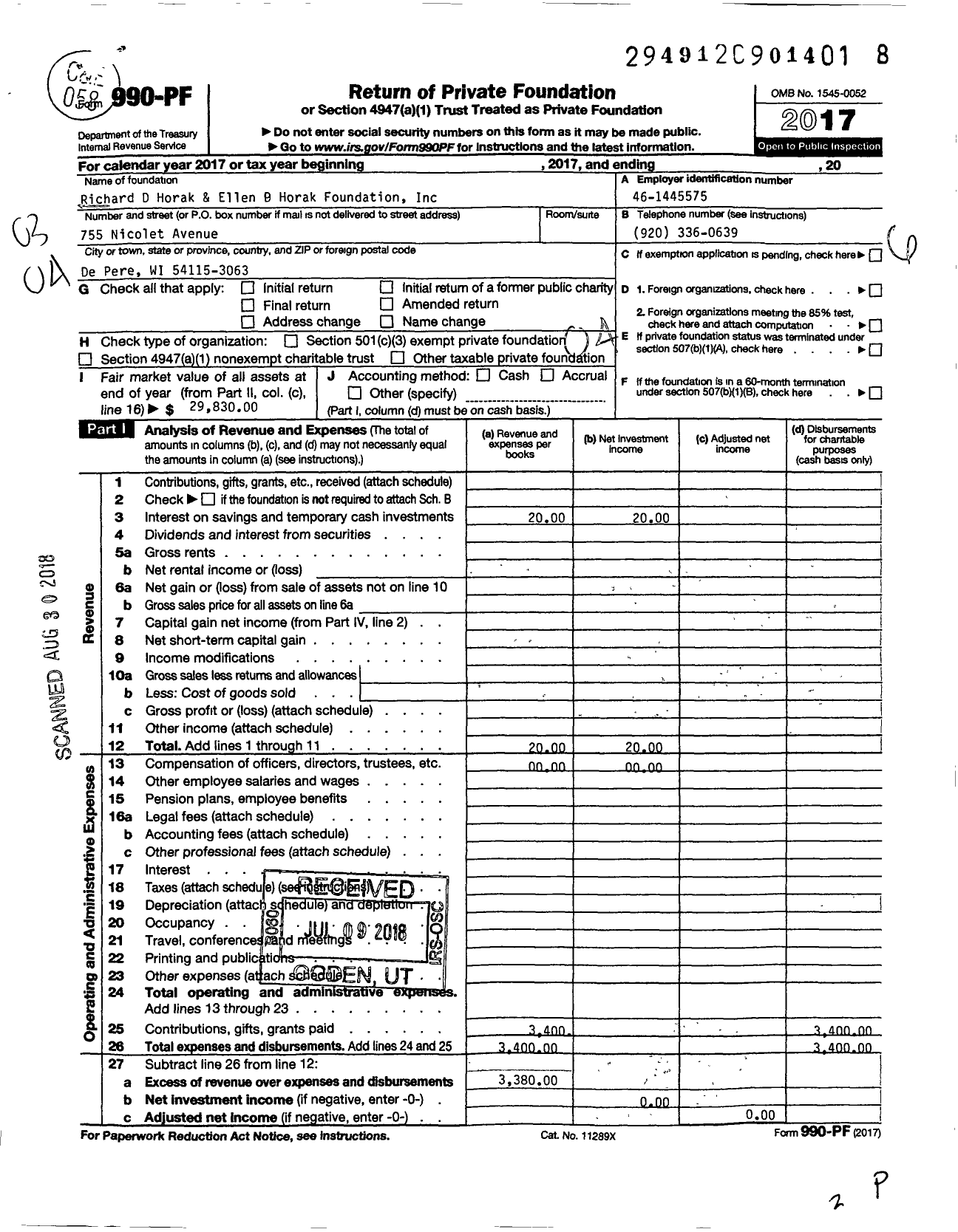 Image of first page of 2017 Form 990PF for Richard D Horak and Ellen P Horak Foundation