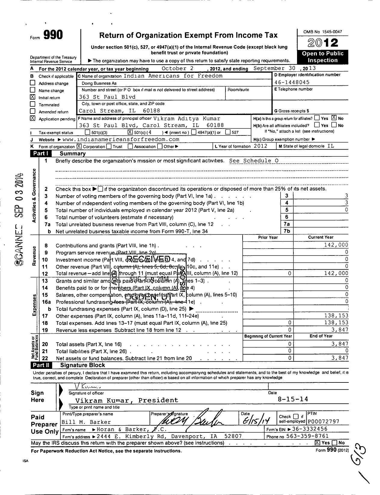 Image of first page of 2012 Form 990O for Indian Americans for Freedom