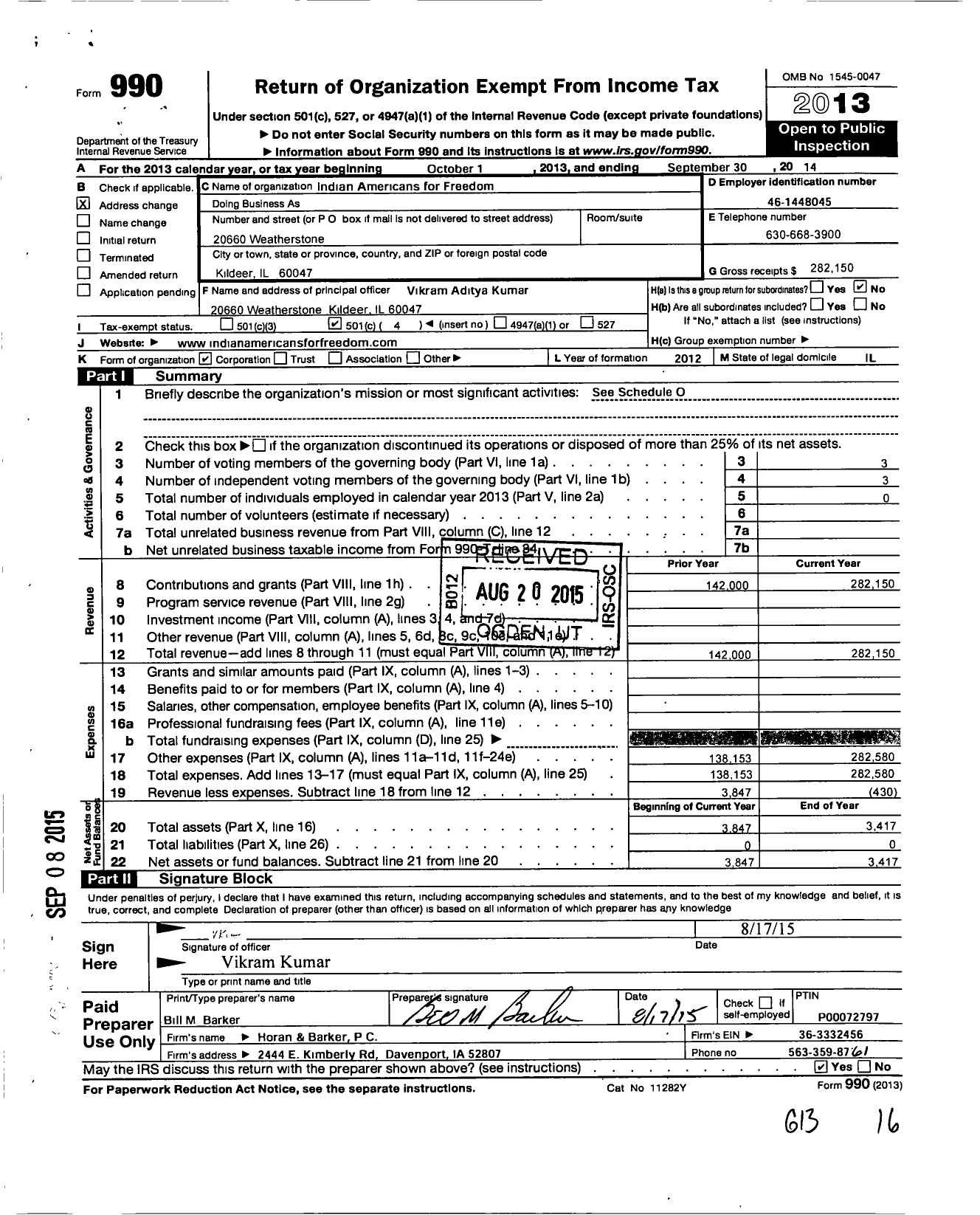 Image of first page of 2013 Form 990O for Indian Americans for Freedom