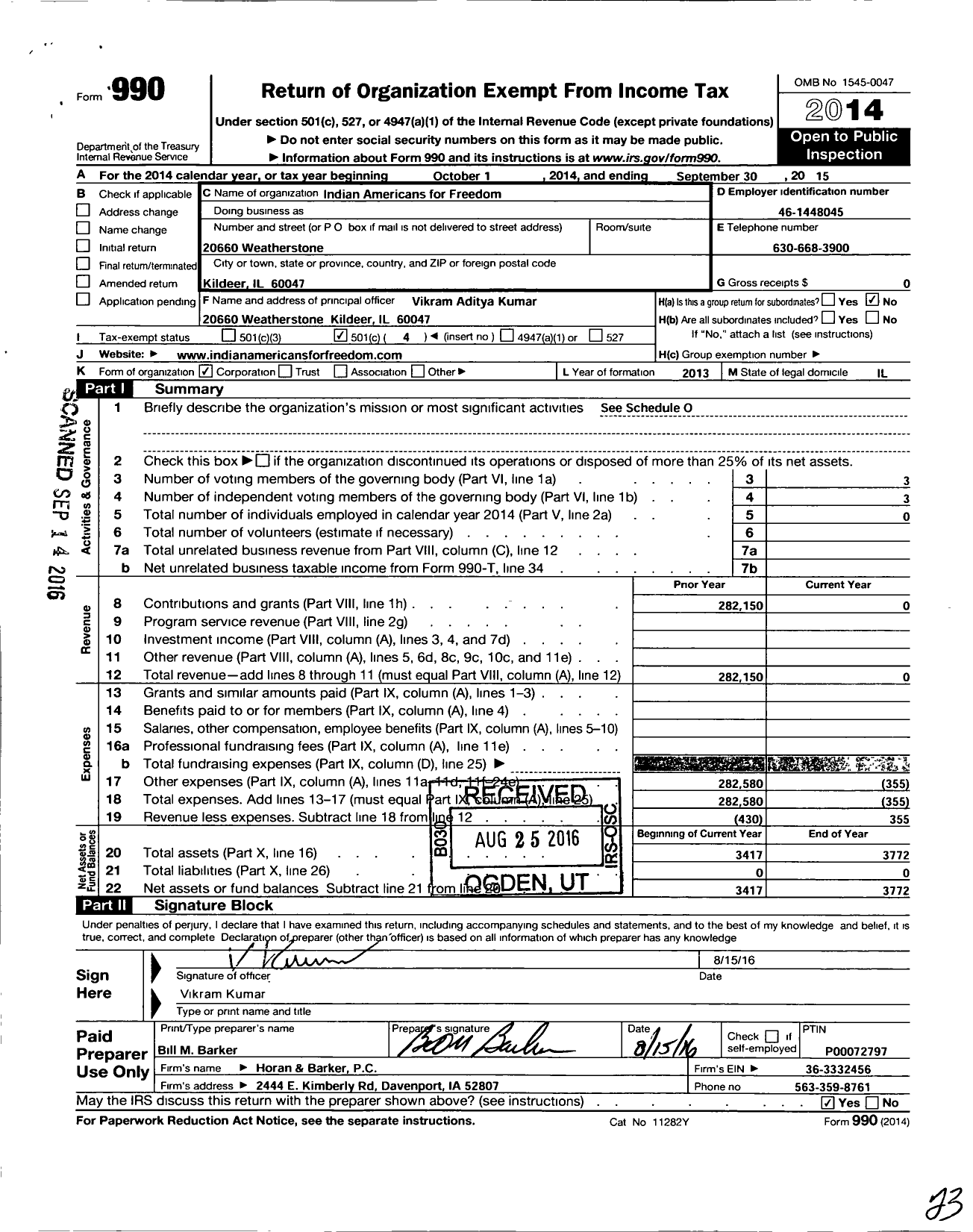 Image of first page of 2014 Form 990O for Indian Americans for Freedom