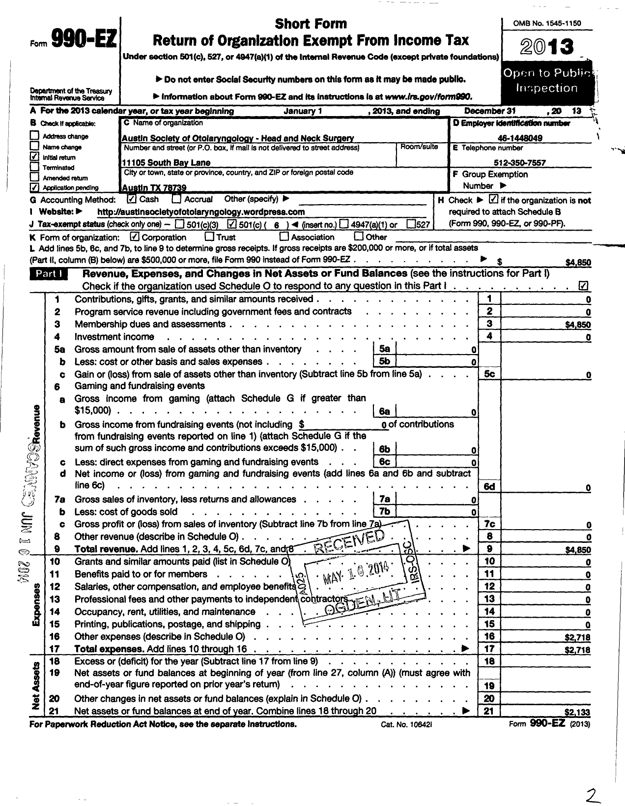 Image of first page of 2013 Form 990EO for Austin Society of Otolaryngology - Head and Neck Surgery