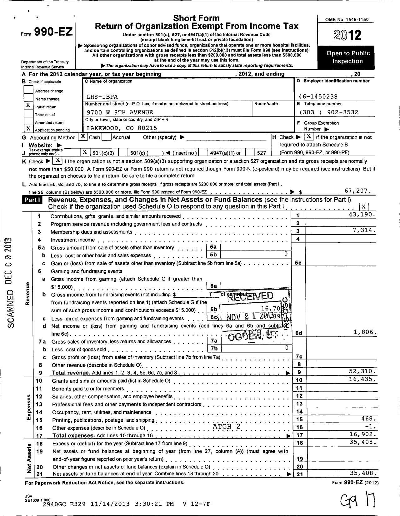 Image of first page of 2012 Form 990EZ for Lhs-Ibpa