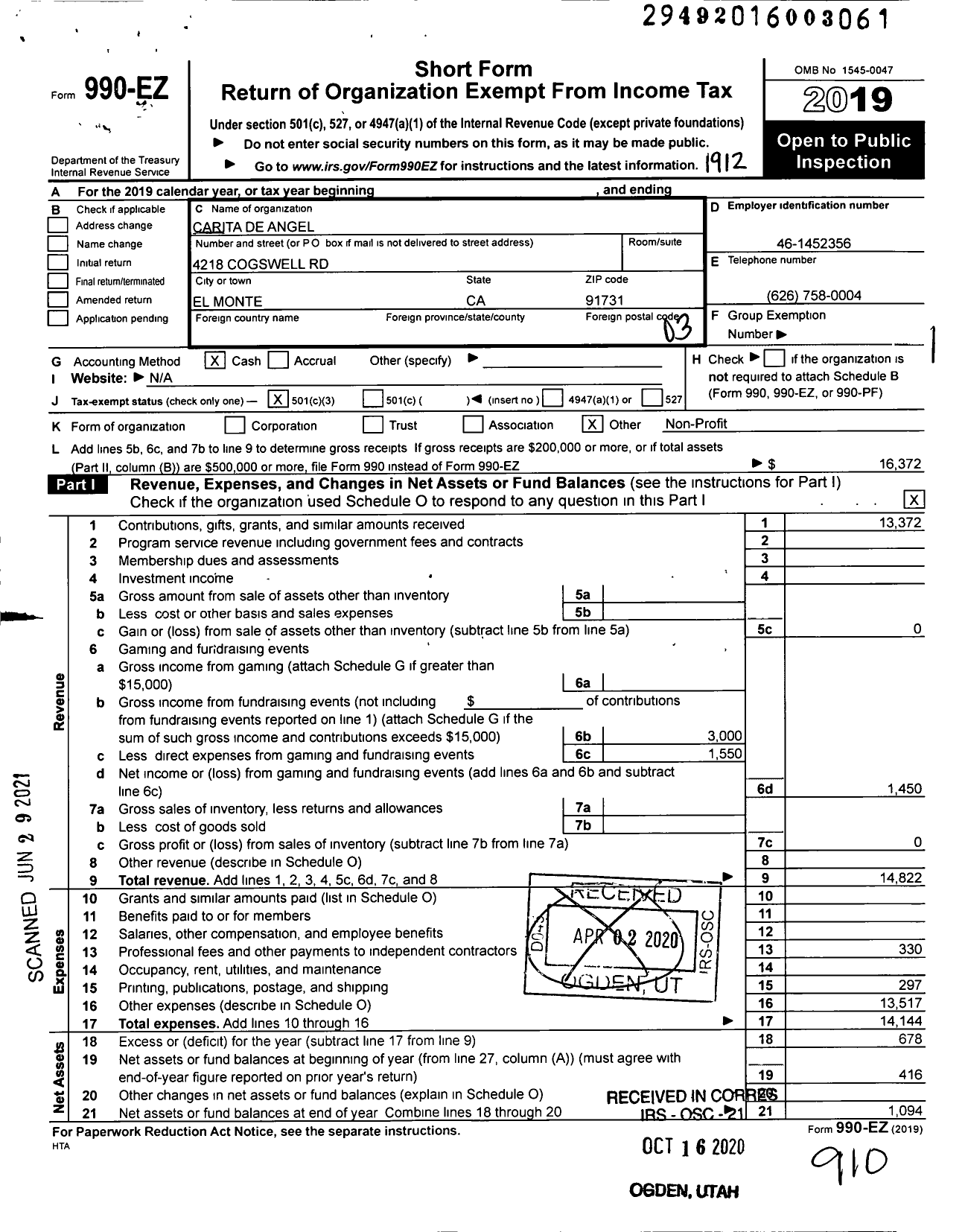 Image of first page of 2019 Form 990EZ for Carita de Angel