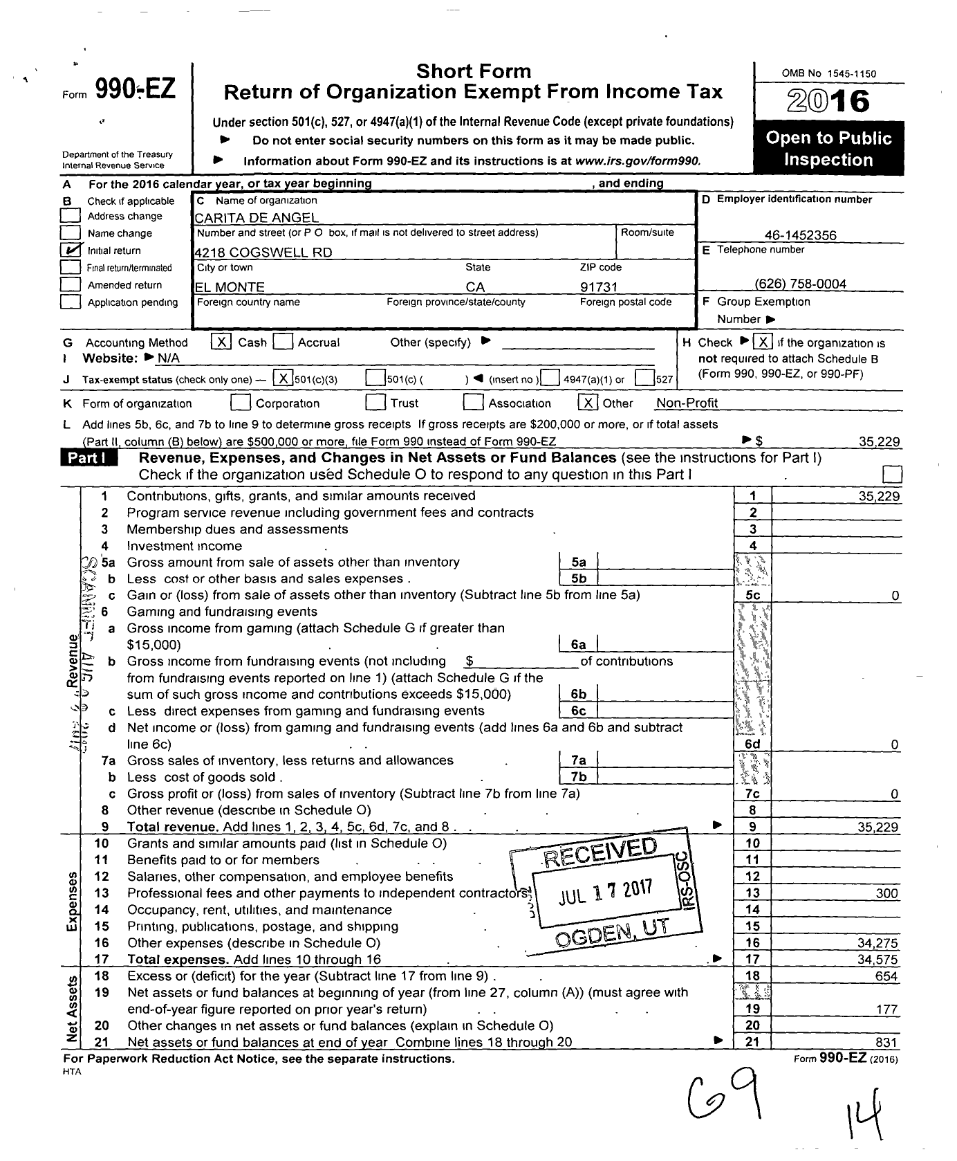 Image of first page of 2016 Form 990EZ for Carita de Angel