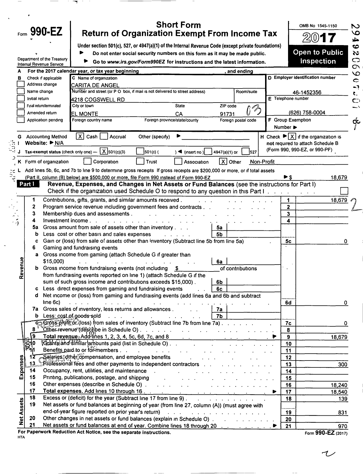 Image of first page of 2017 Form 990EZ for Carita de Angel