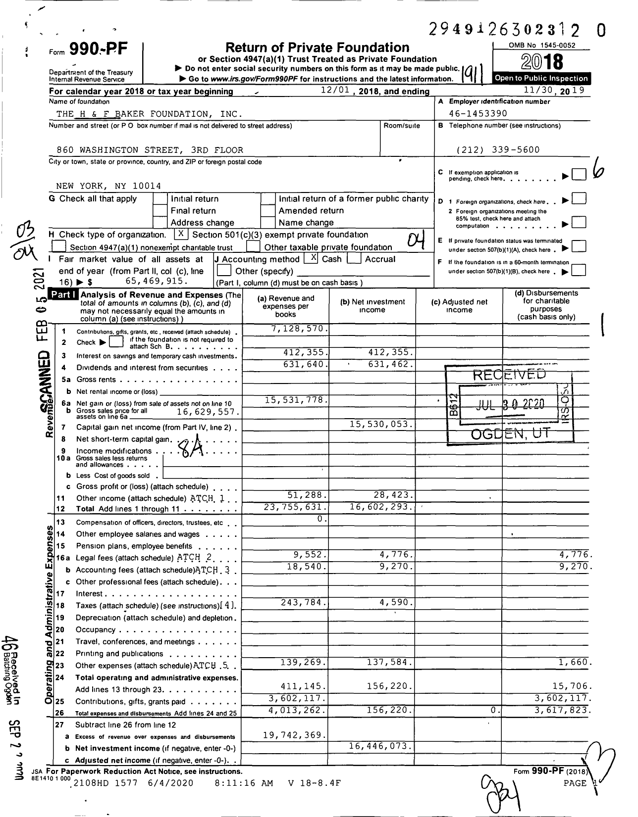 Image of first page of 2018 Form 990PF for H & F Baker Foundation