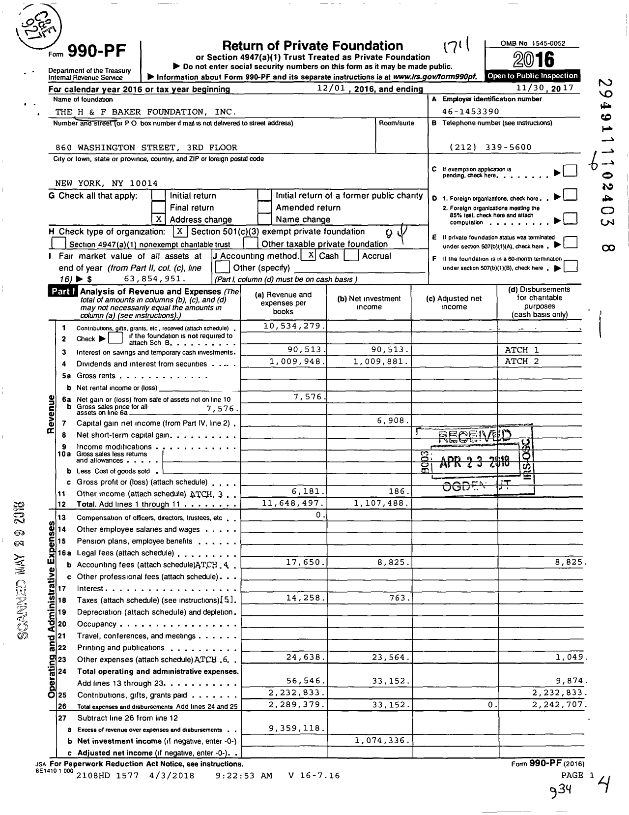 Image of first page of 2016 Form 990PF for H & F Baker Foundation