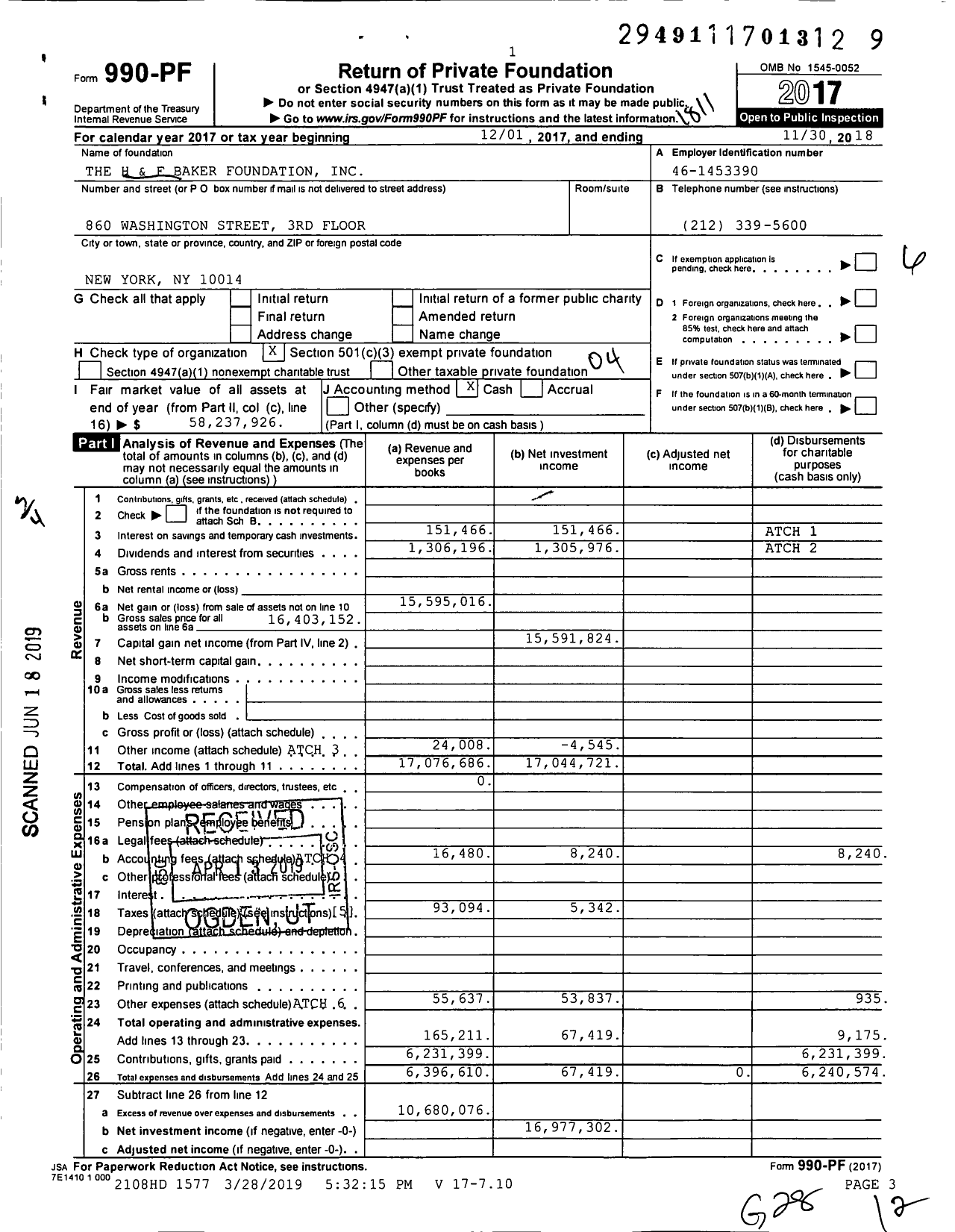 Image of first page of 2017 Form 990PF for H & F Baker Foundation
