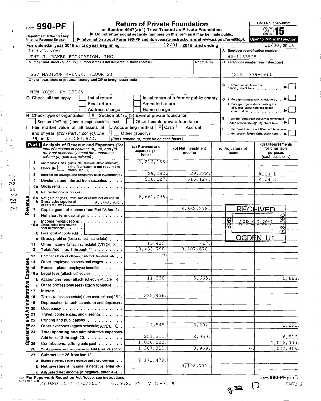 Image of first page of 2015 Form 990PF for The J Baker Foundation