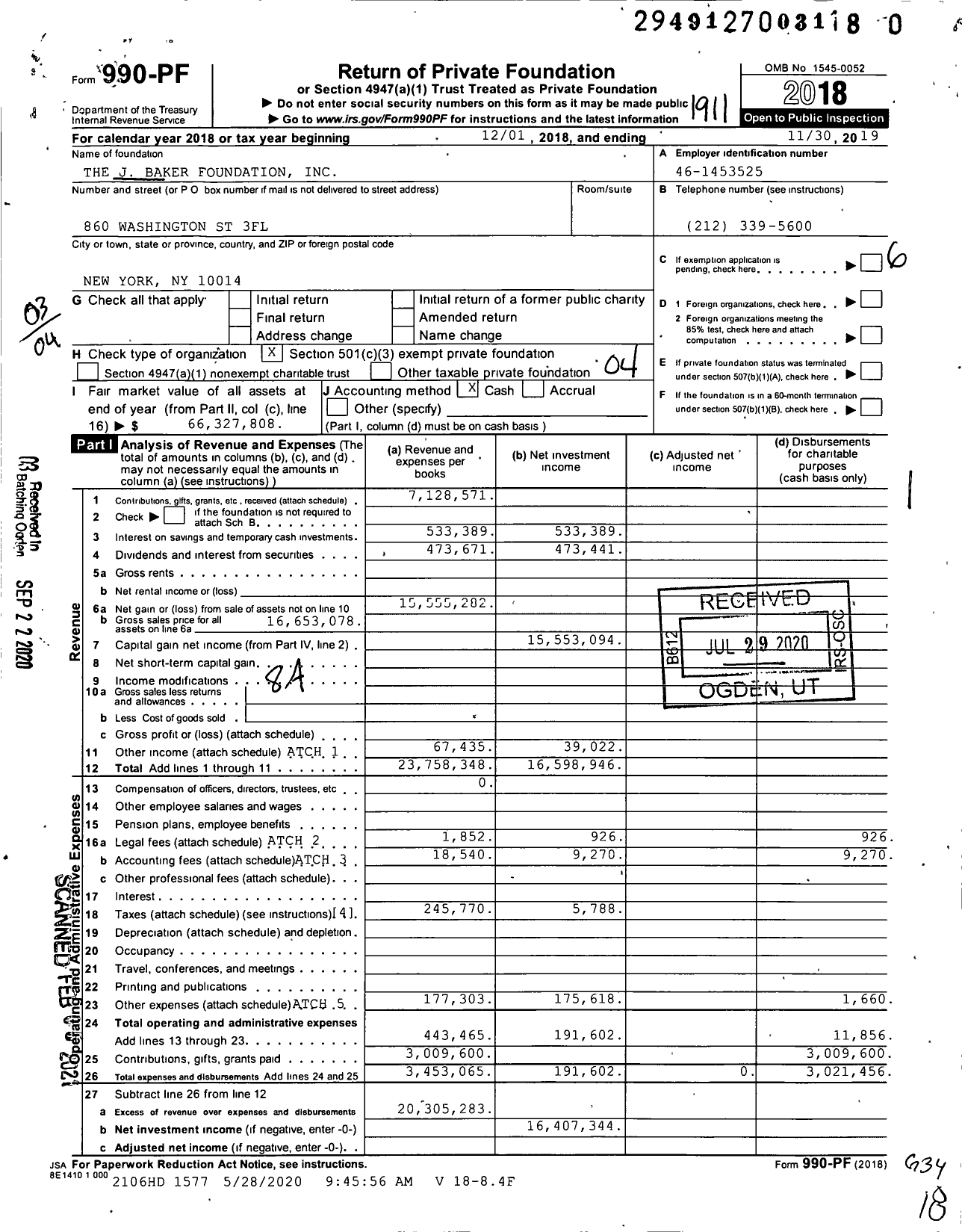 Image of first page of 2018 Form 990PF for The J Baker Foundation