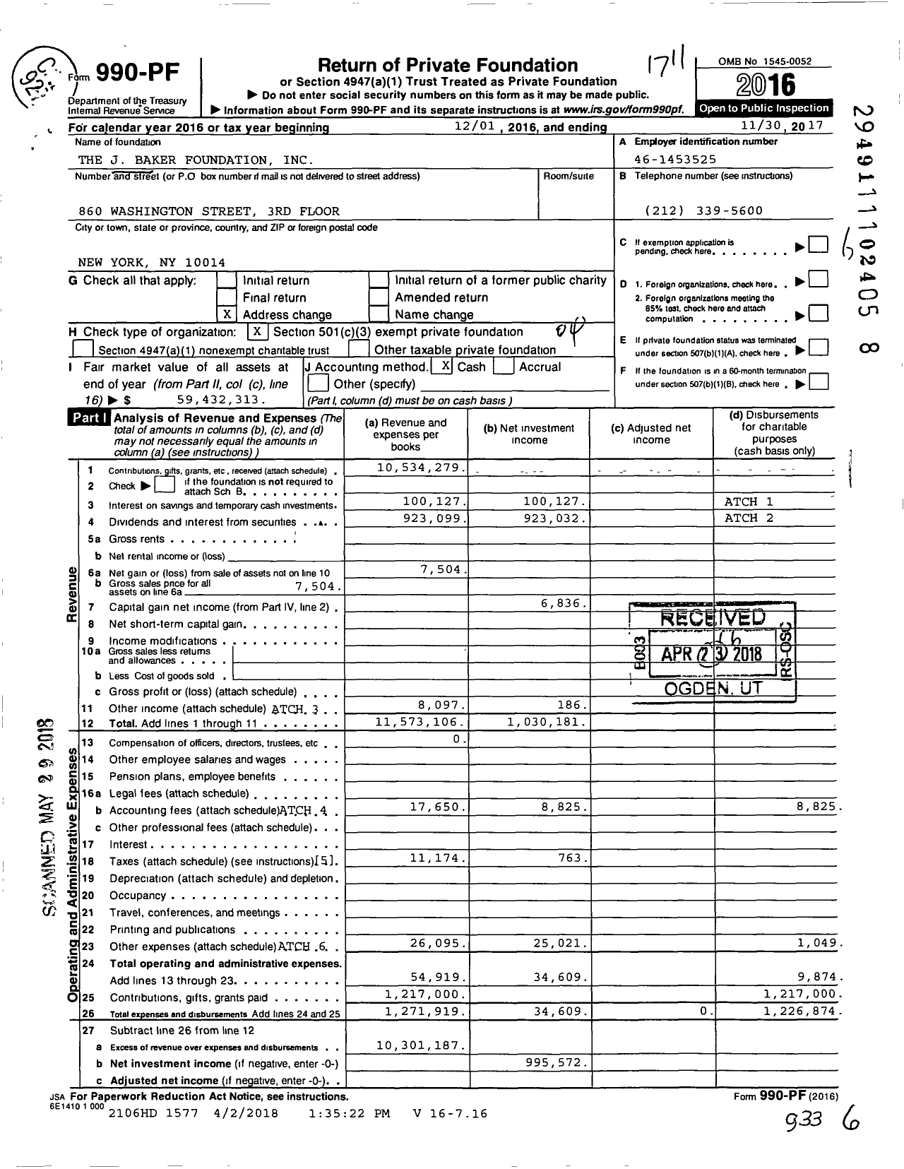 Image of first page of 2016 Form 990PF for The J Baker Foundation