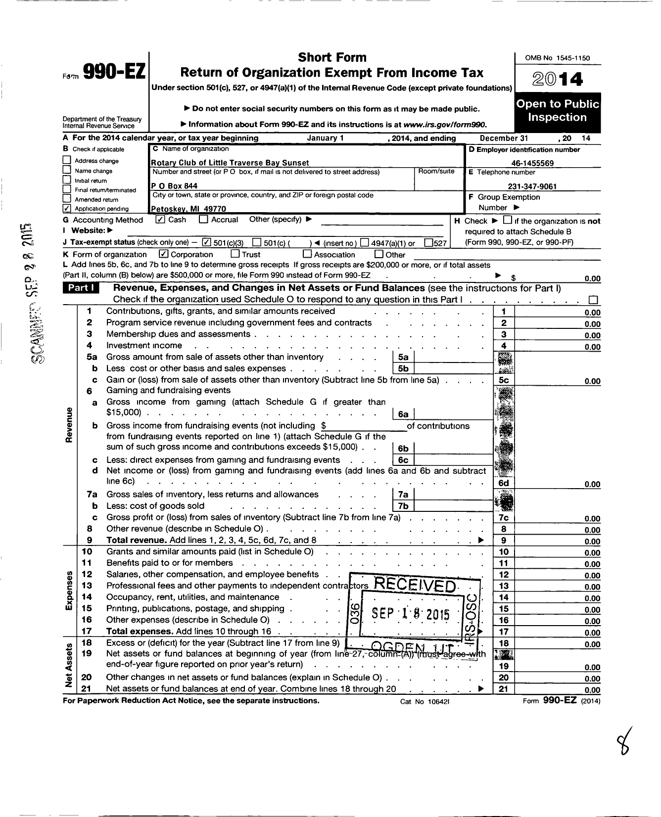 Image of first page of 2014 Form 990EZ for Rotary Club of Little Traverse Bay Sunset