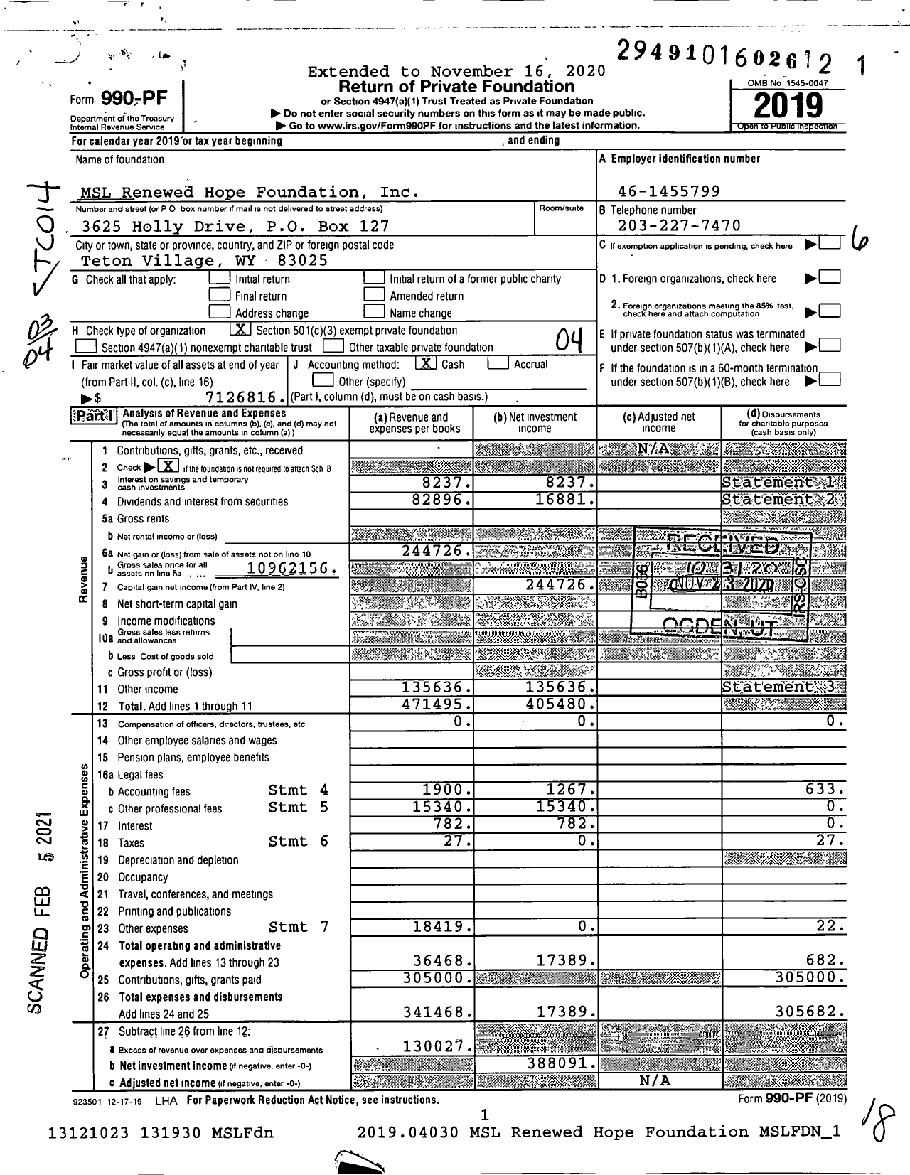 Image of first page of 2019 Form 990PF for MSL Renewed Hope Foundation