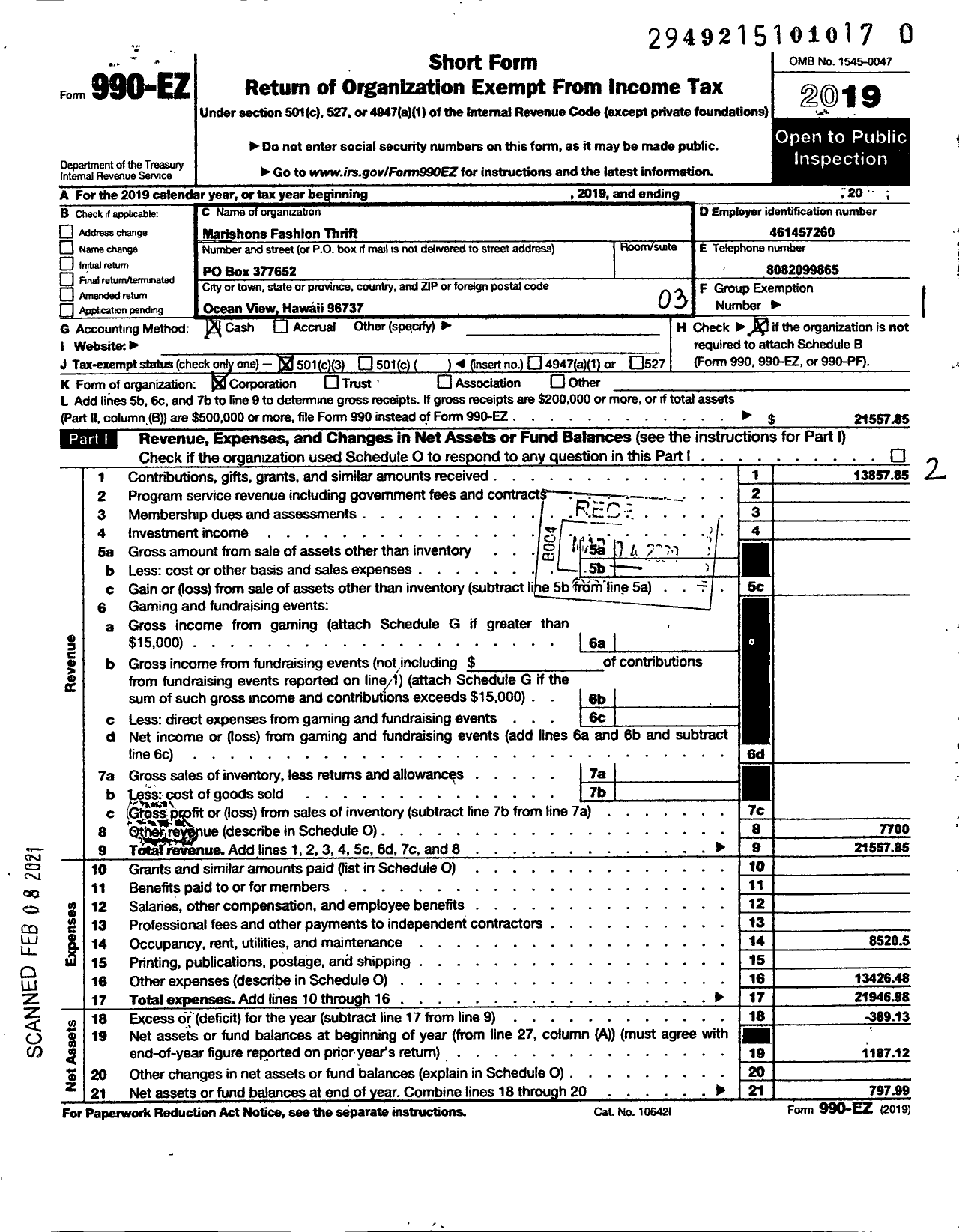 Image of first page of 2019 Form 990EZ for Marishons Fashion Thrift