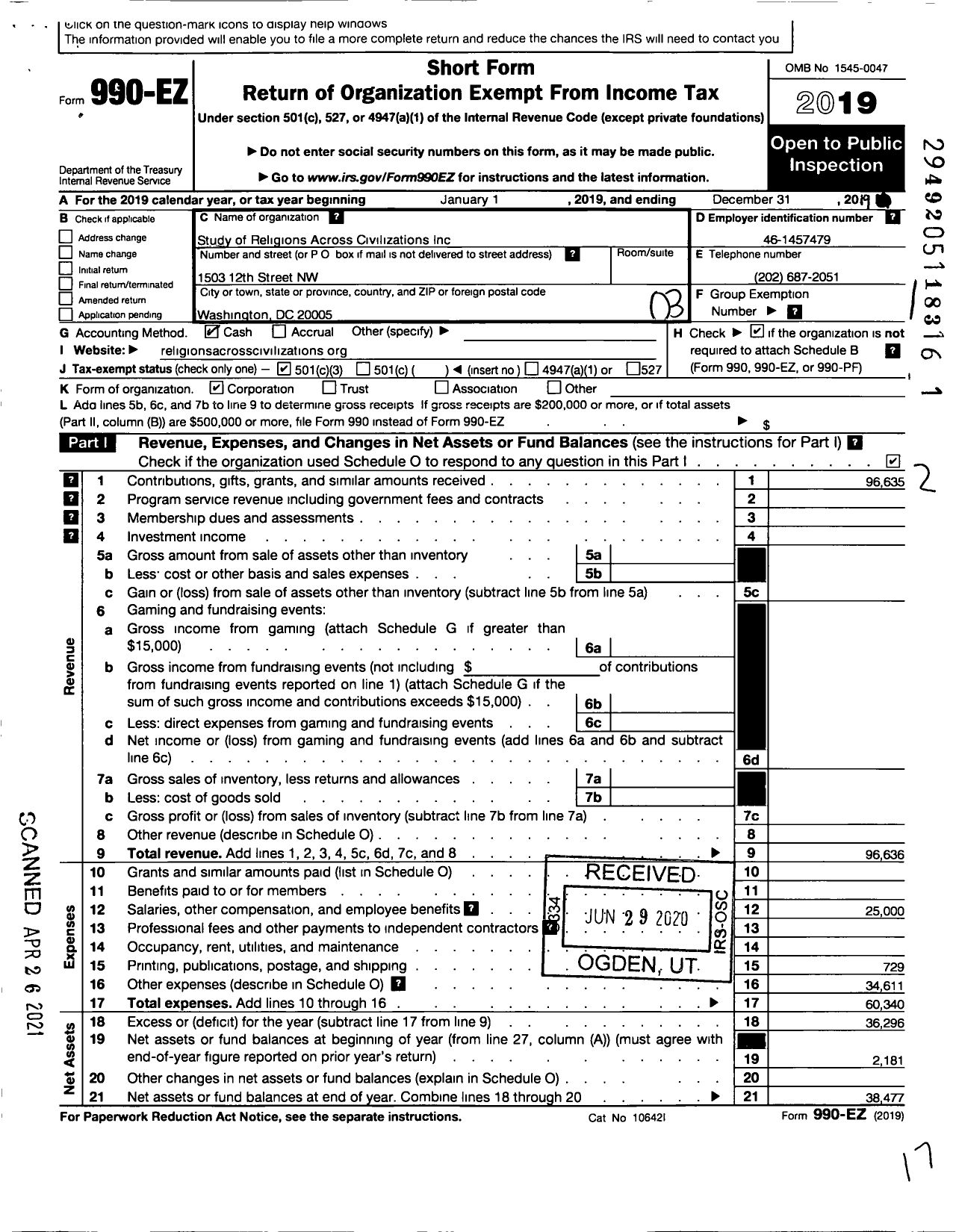 Image of first page of 2019 Form 990EZ for Study of Religions Across Civilizations