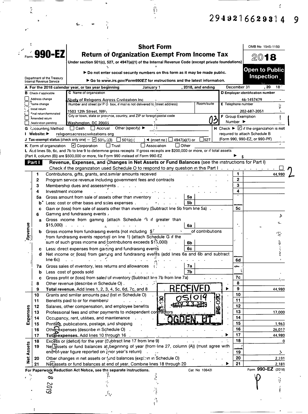 Image of first page of 2018 Form 990EZ for Study of Religions Across Civilizations