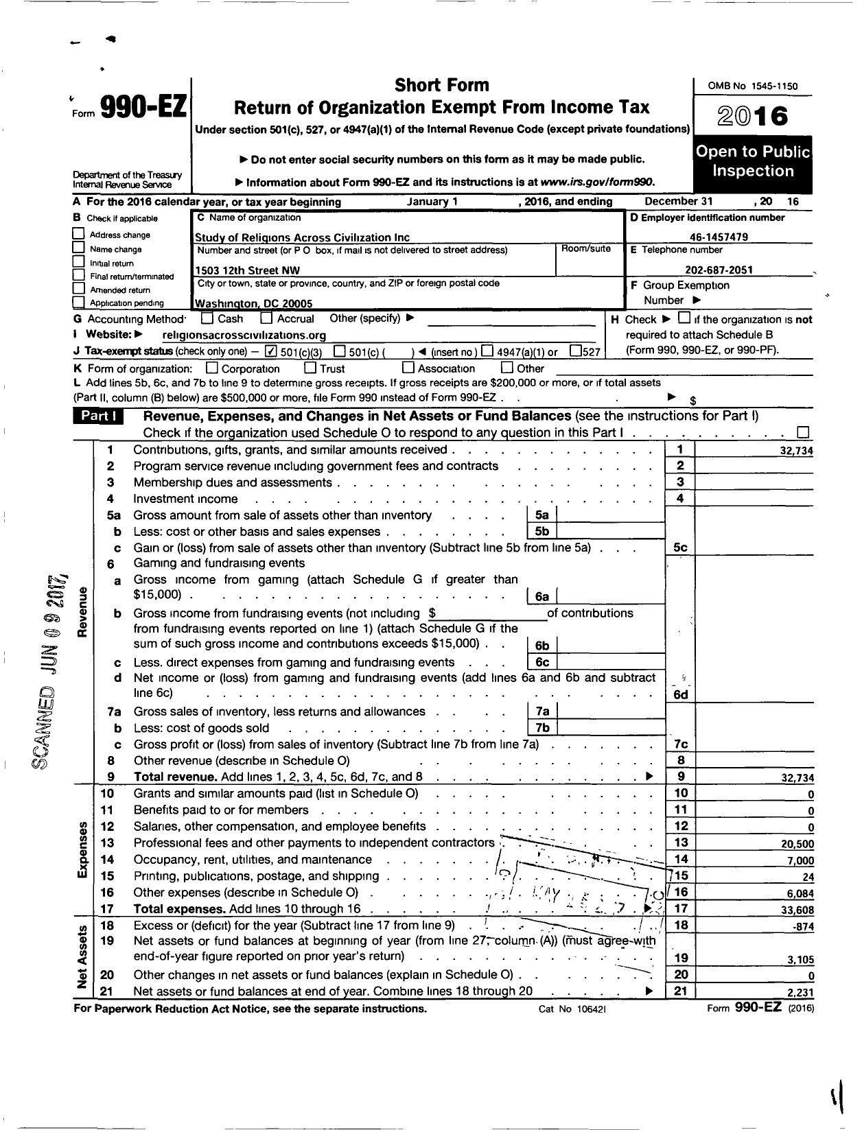 Image of first page of 2016 Form 990EZ for Study of Religions Across Civilizations