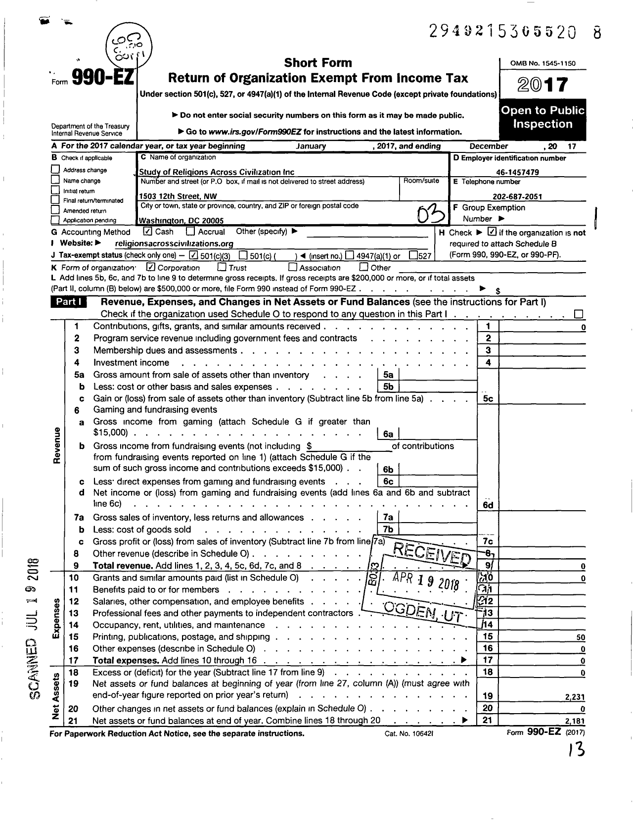 Image of first page of 2017 Form 990EZ for Study of Religions Across Civilizations