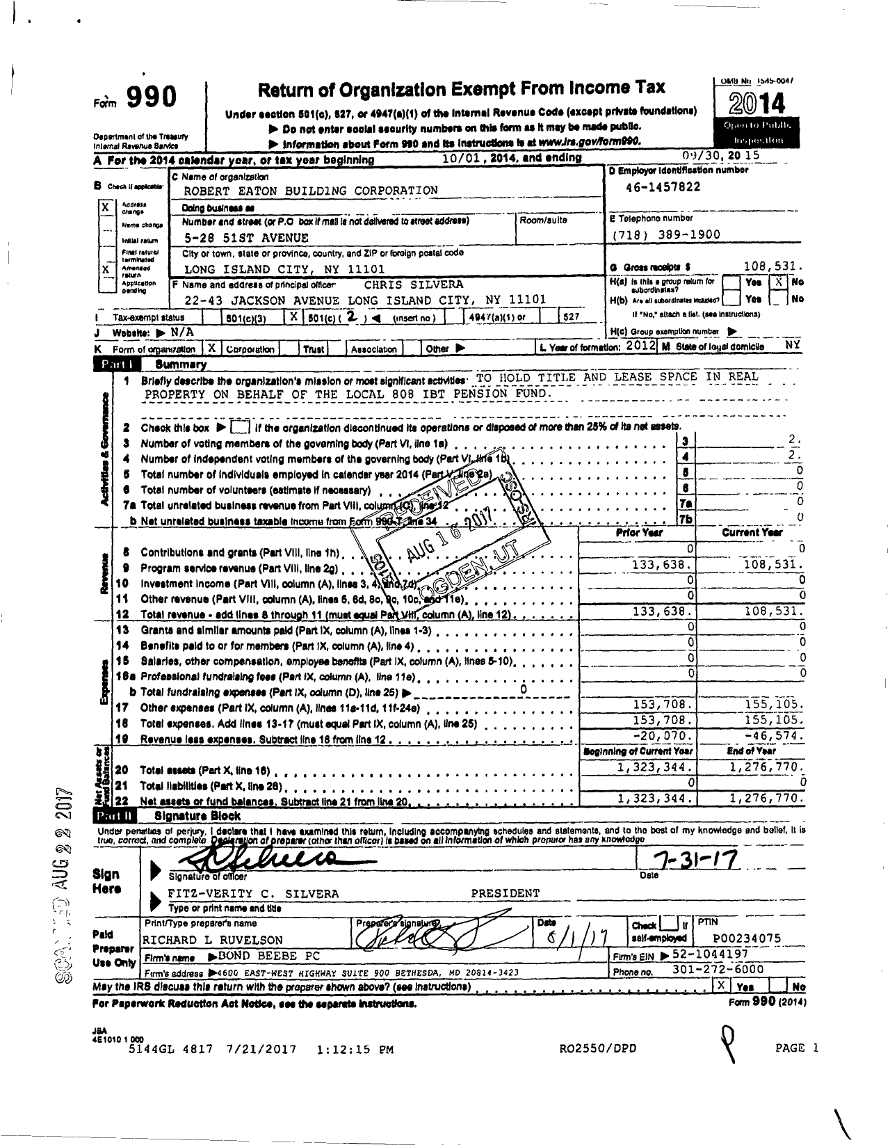 Image of first page of 2014 Form 990O for Robert Eaton Building Corporation