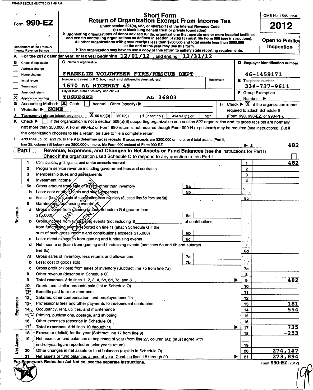 Image of first page of 2012 Form 990EZ for Franklin Volunteer Fire Rescue Department