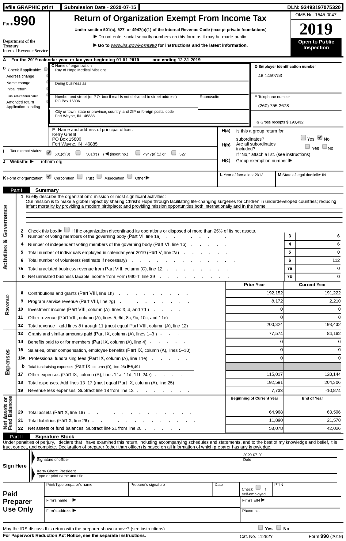 Image of first page of 2019 Form 990 for Ray of Hope Medical Missions