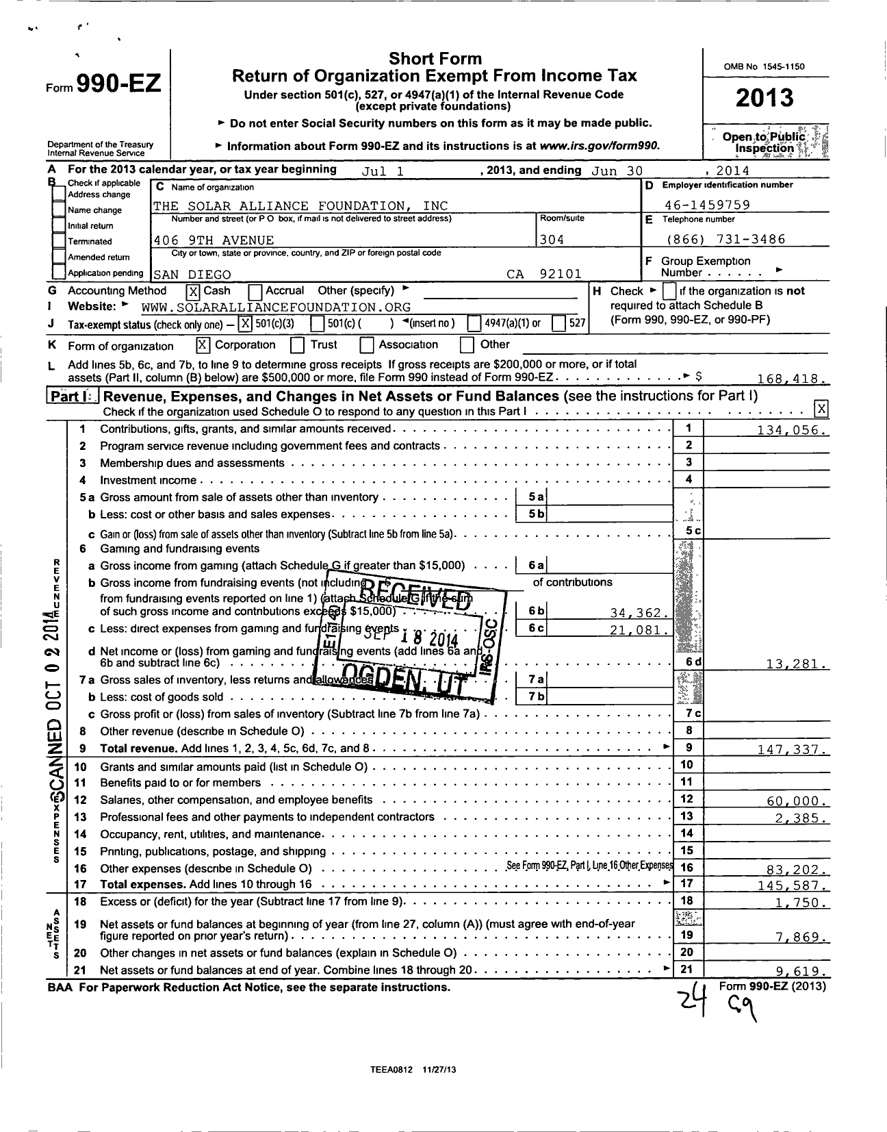 Image of first page of 2013 Form 990EZ for The Solar Alliance Foundation