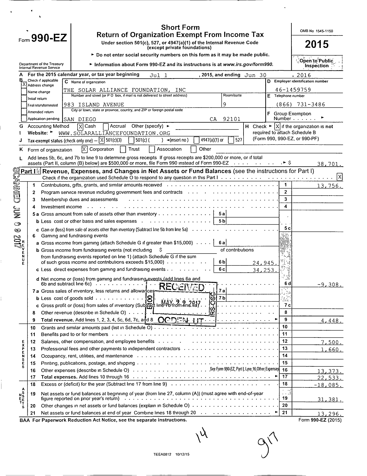 Image of first page of 2015 Form 990EZ for The Solar Alliance Foundation