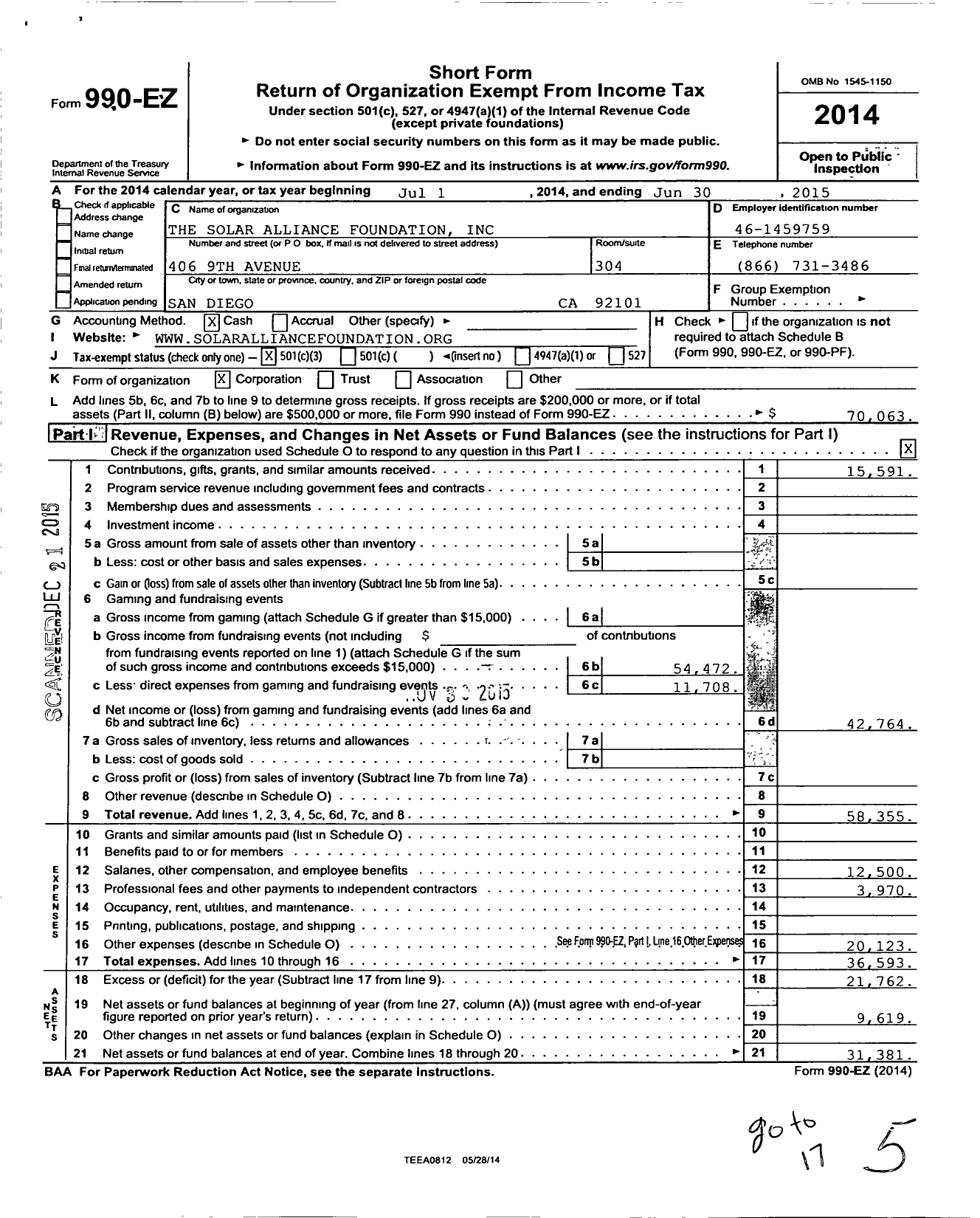 Image of first page of 2014 Form 990EZ for The Solar Alliance Foundation