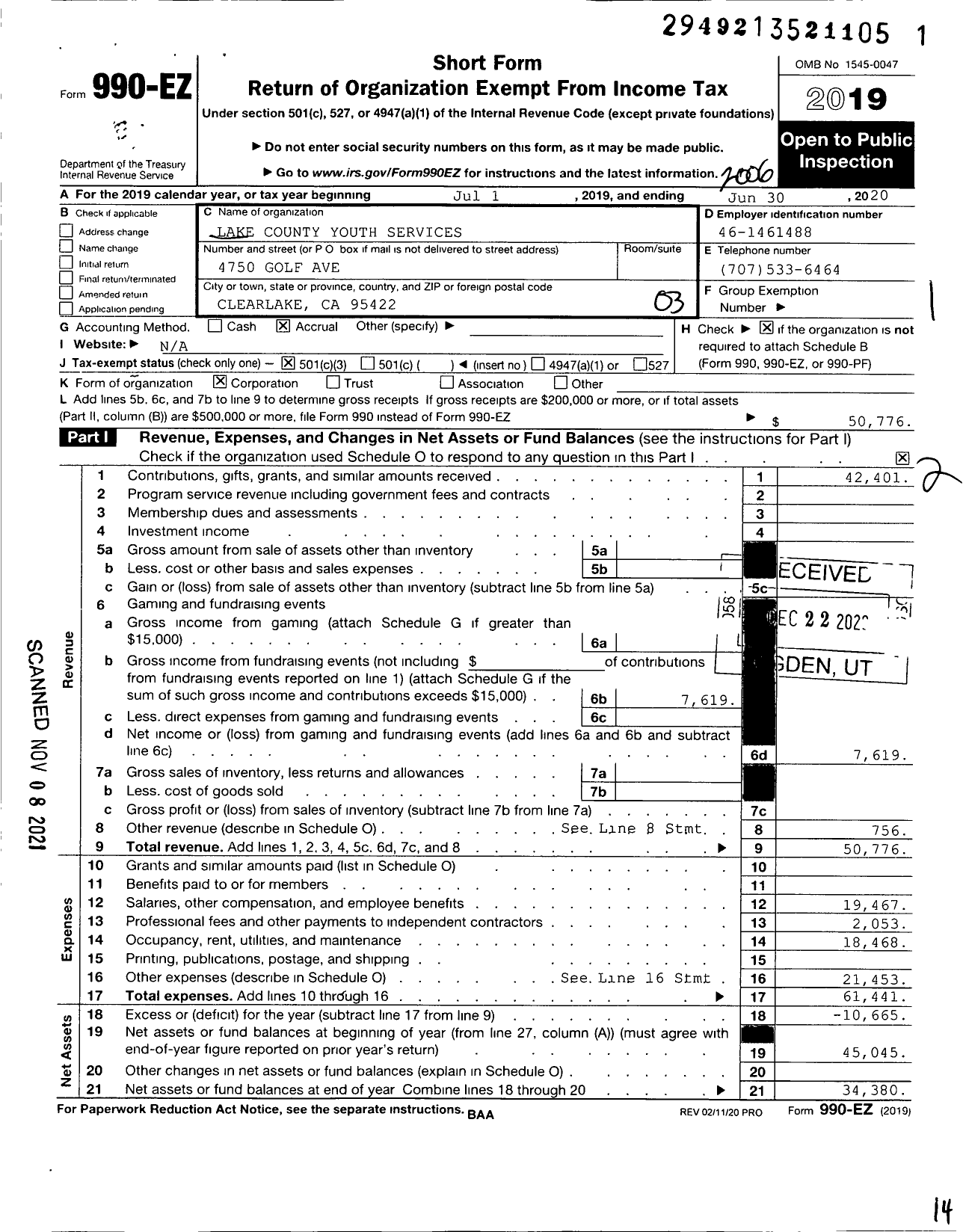 Image of first page of 2019 Form 990EZ for Lake County Youth Services