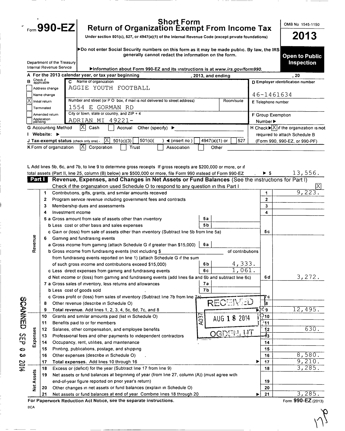 Image of first page of 2013 Form 990EZ for Aggie Youth Football