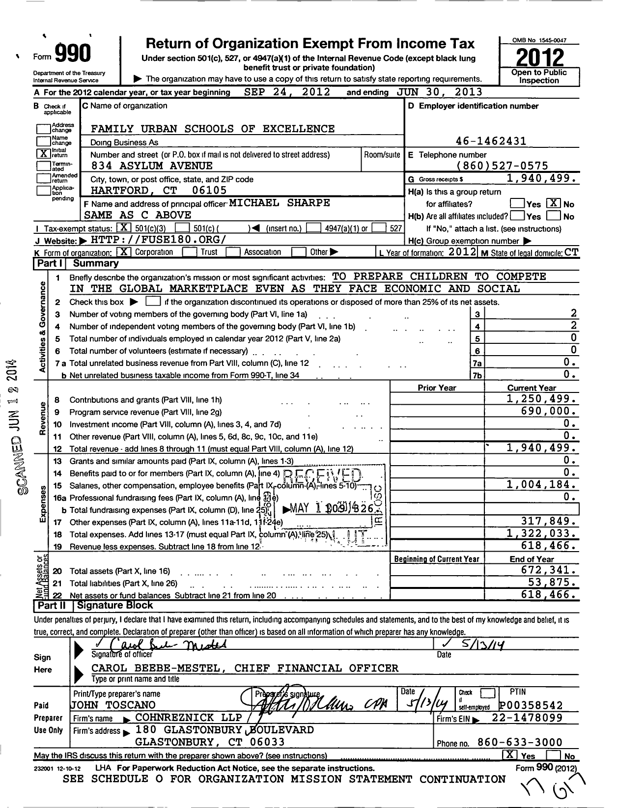 Image of first page of 2012 Form 990 for Family Urban Schools of Excellence (FUSE)