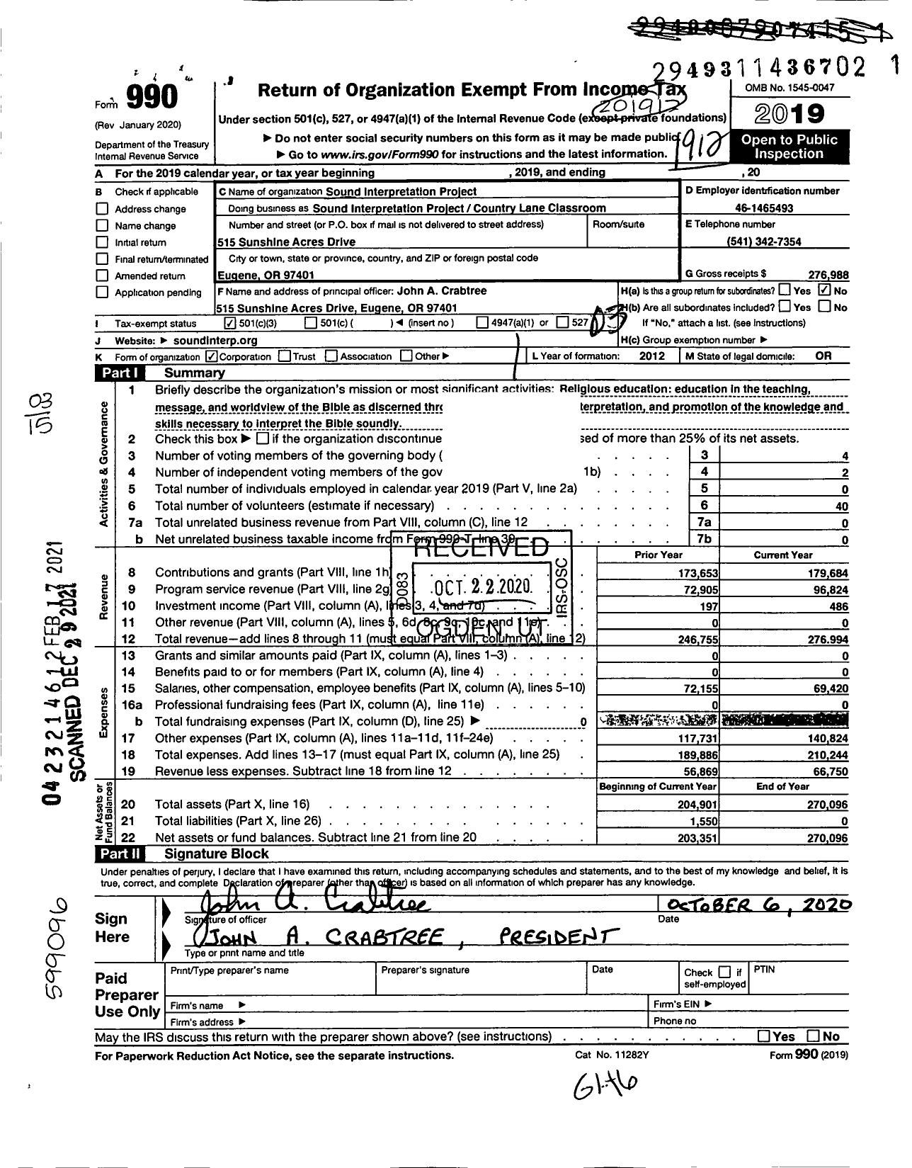 Image of first page of 2019 Form 990 for Sound Interpretation Project