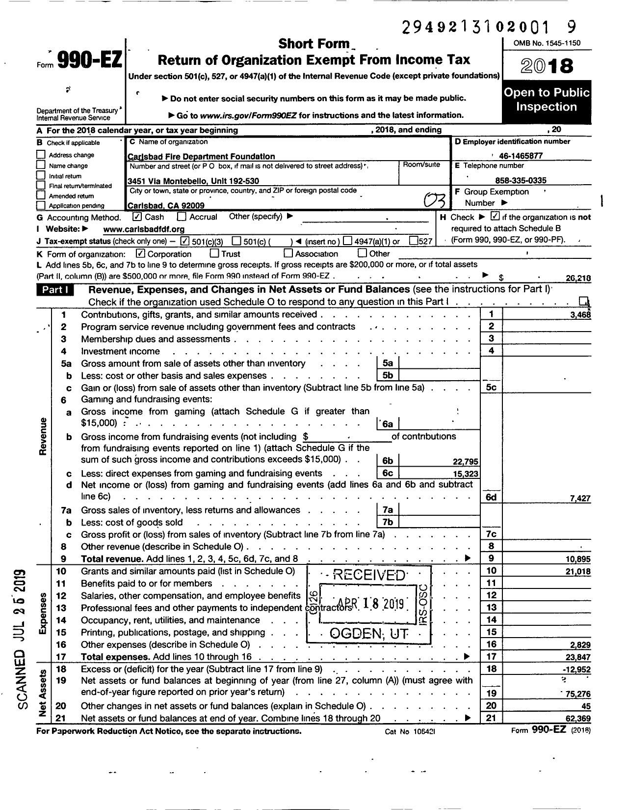 Image of first page of 2018 Form 990EZ for Carlsbad Fire Department Foundation