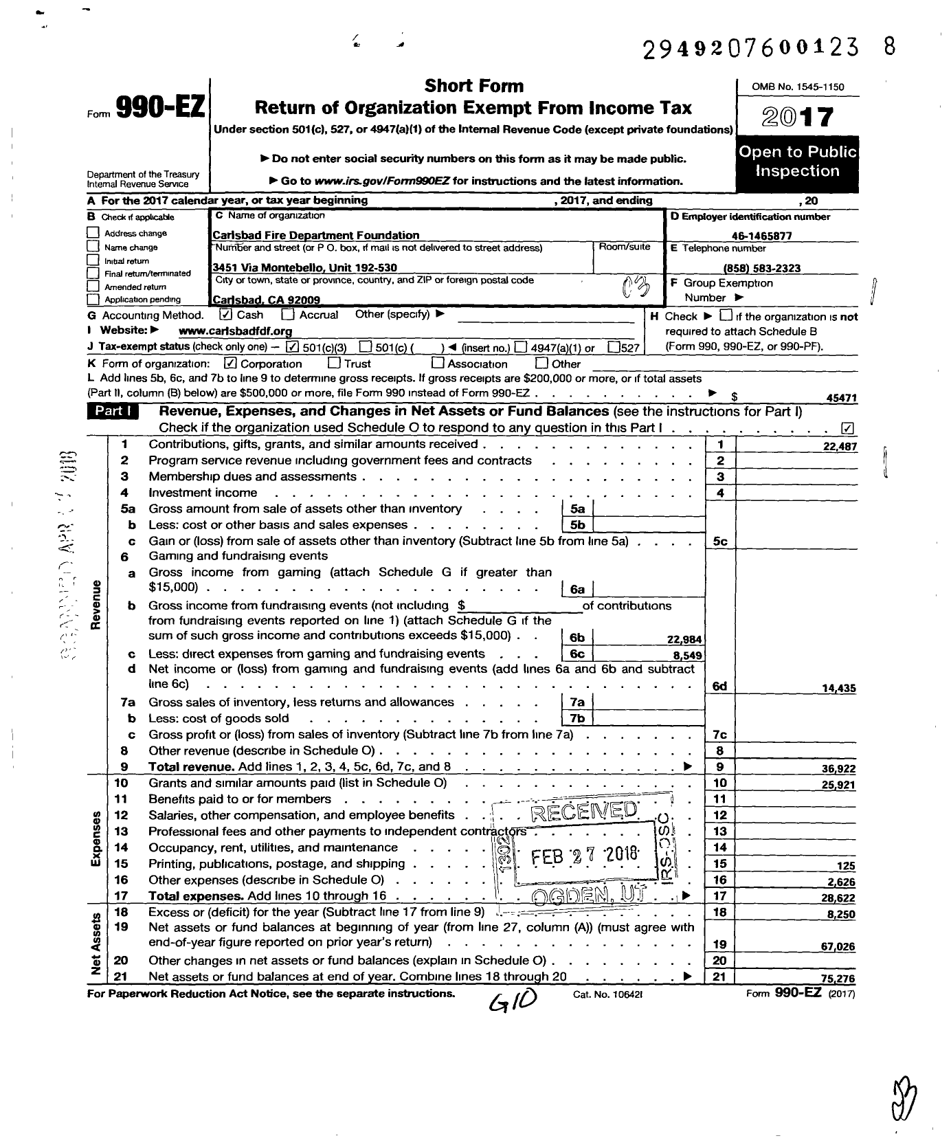 Image of first page of 2017 Form 990EZ for Carlsbad Fire Department Foundation