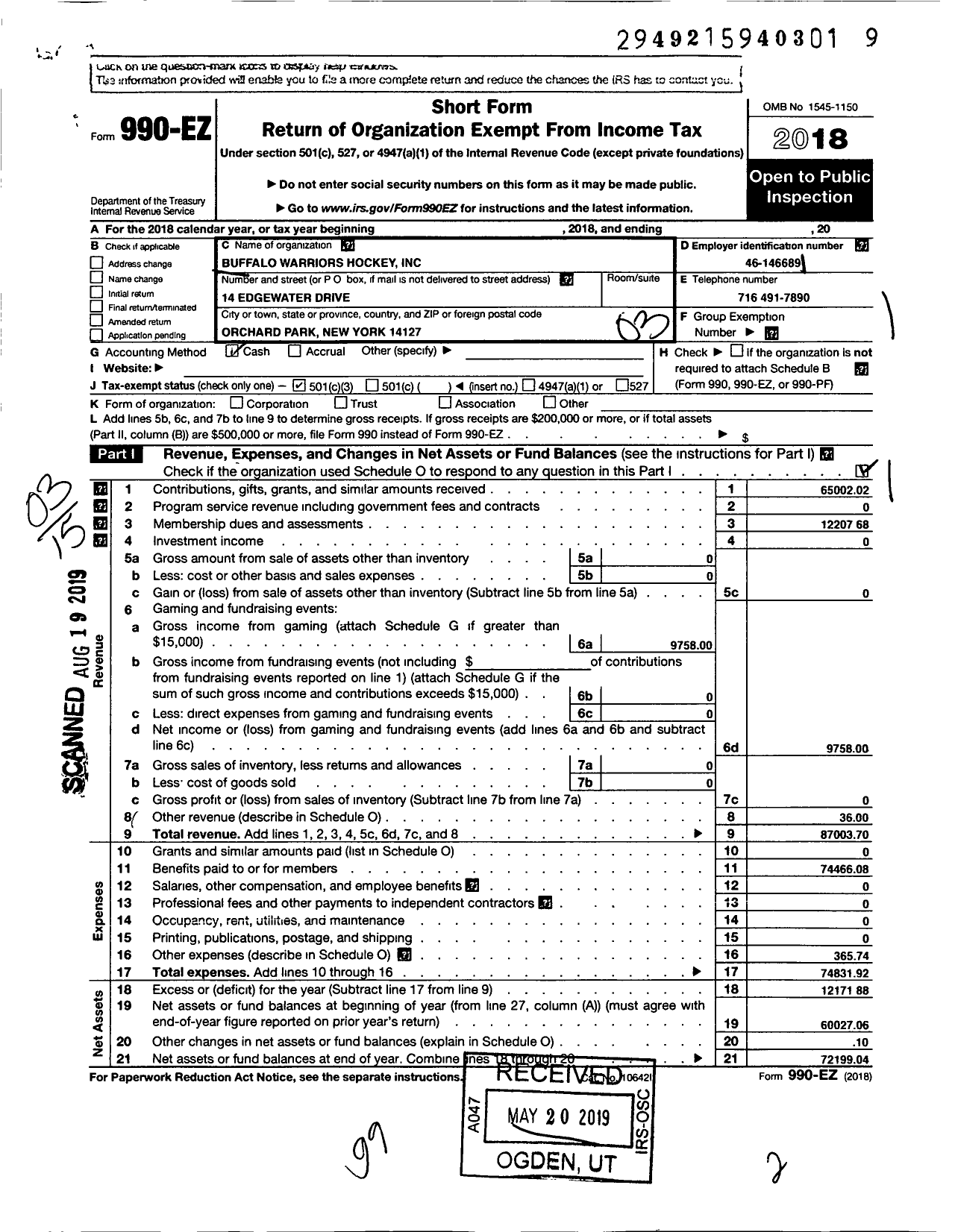 Image of first page of 2018 Form 990EZ for Buffalo Warriors Hockey