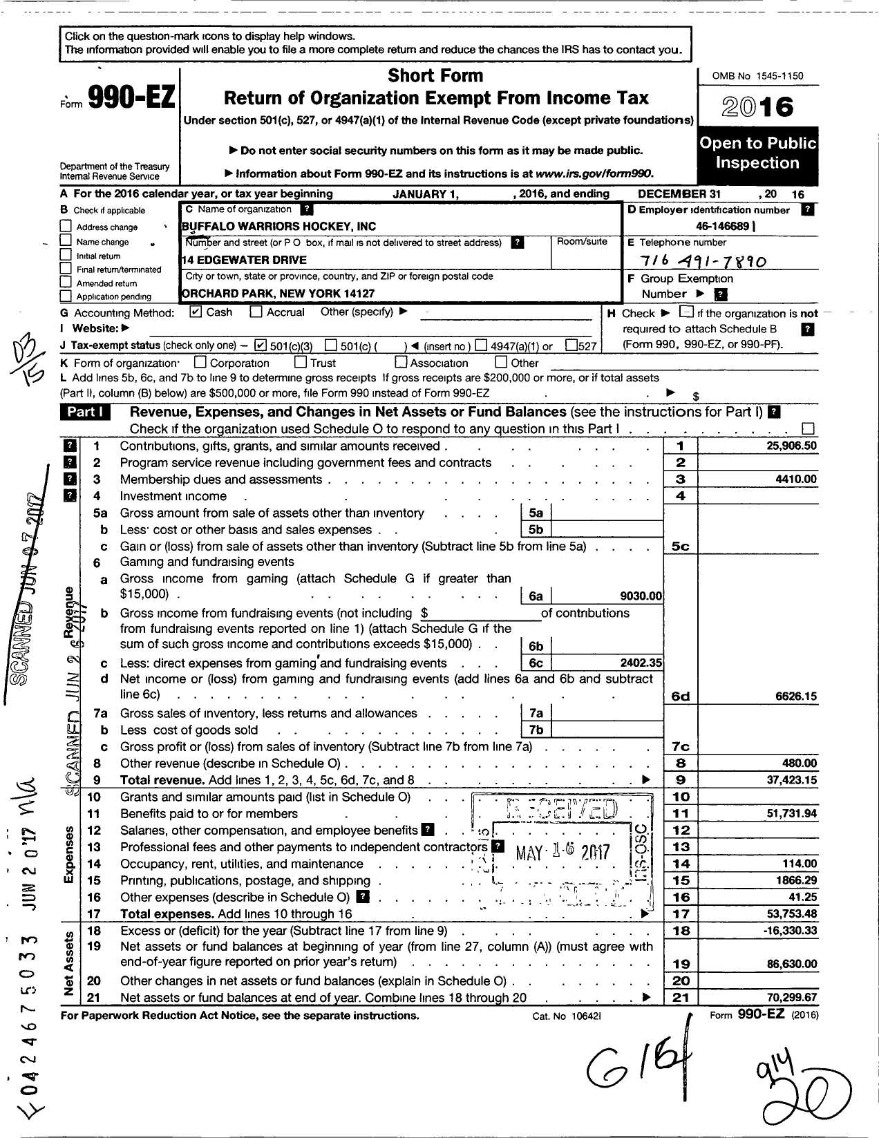 Image of first page of 2016 Form 990EZ for Buffalo Warriors Hockey