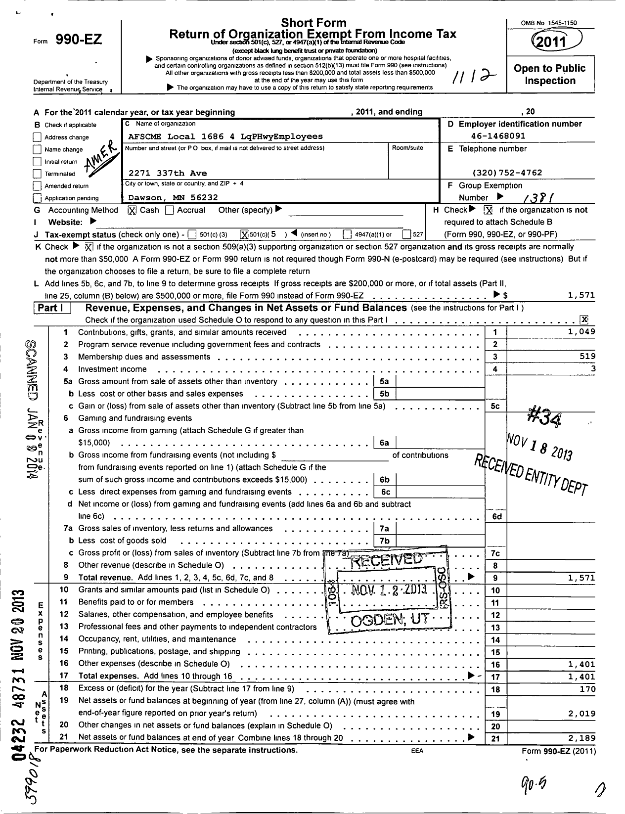 Image of first page of 2011 Form 990EO for American Federation of State County & Municipal Employees - L1686MN-4 Lac Qui Parle County Hwy