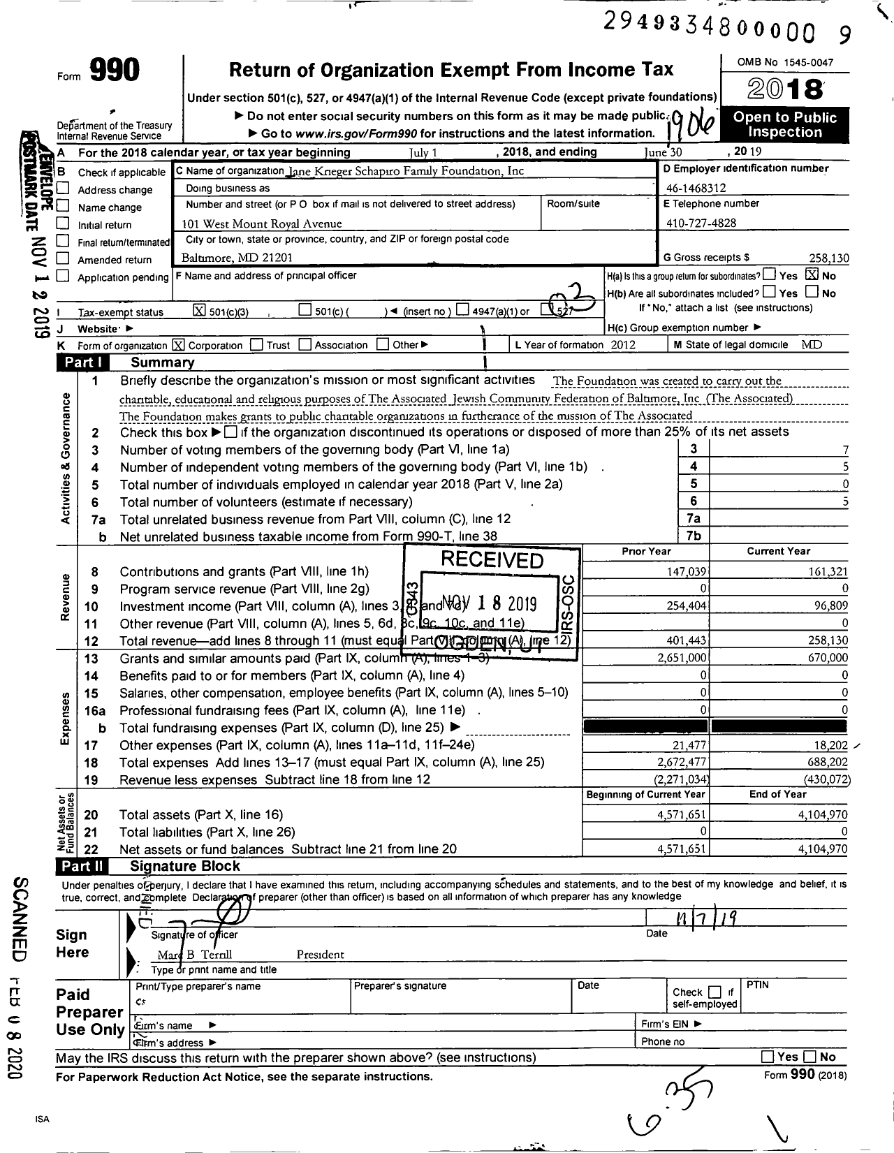 Image of first page of 2018 Form 990 for Jane Krieger Schapiro Family Foundation