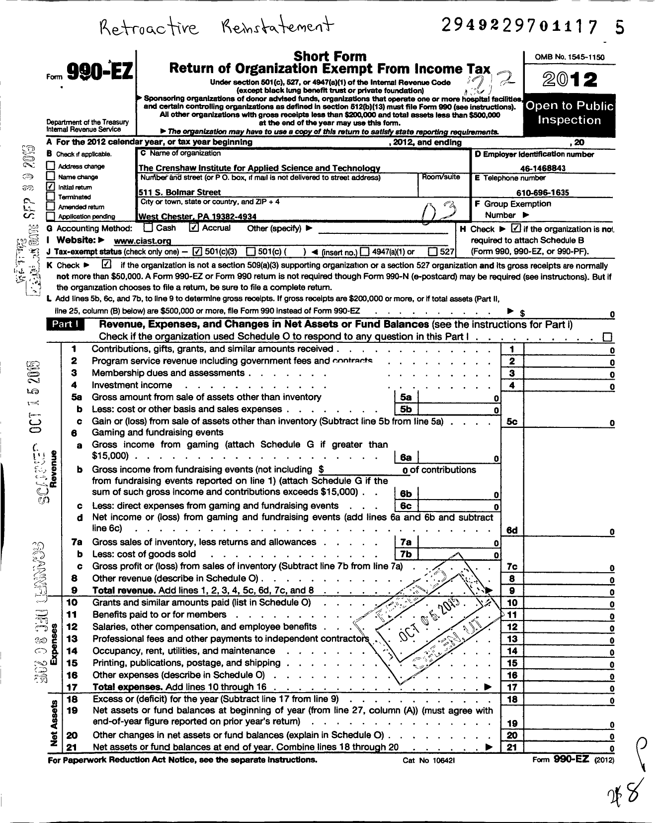 Image of first page of 2012 Form 990EZ for Crenshaw Institute for Applied Science and Technology